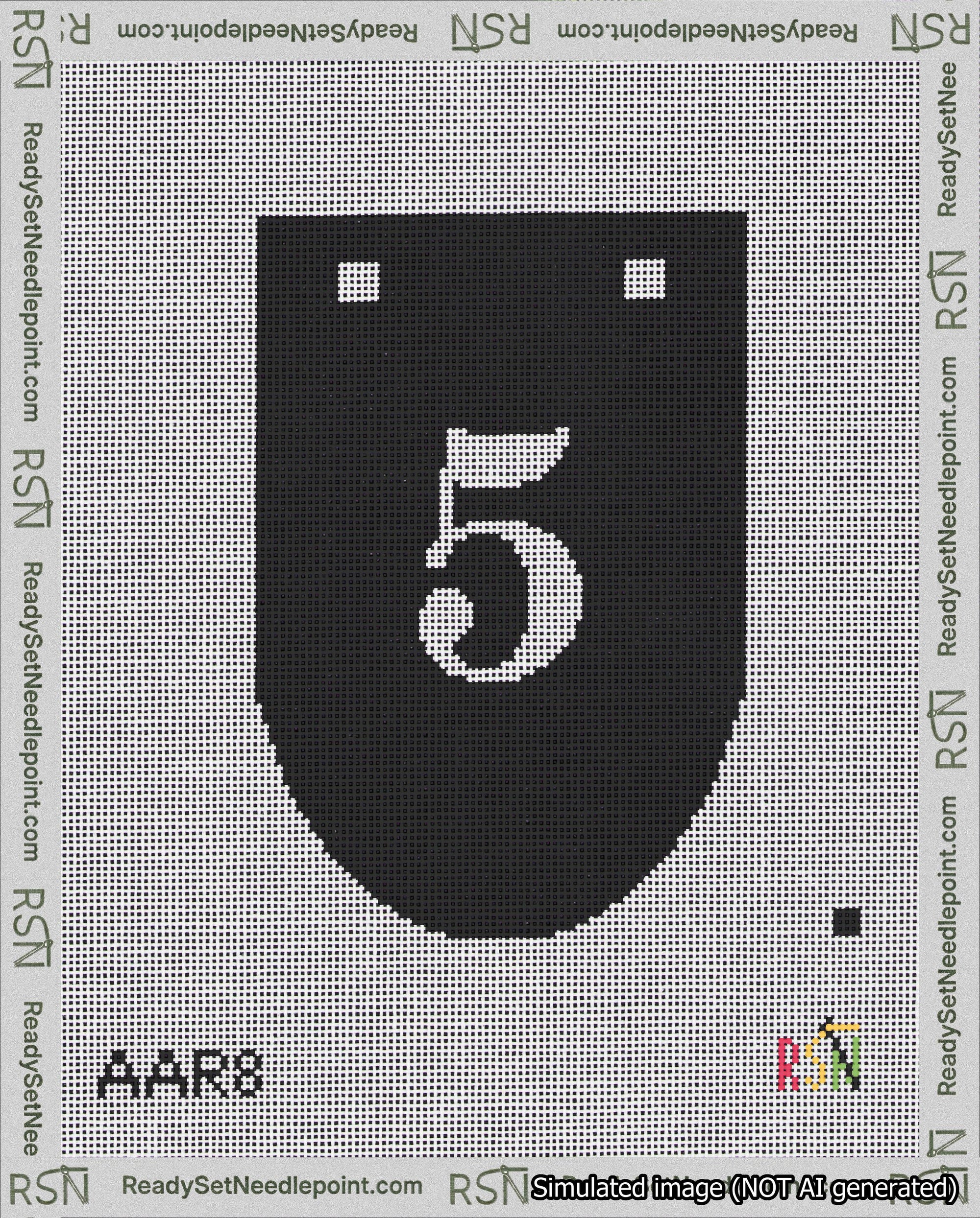 A taped needlepoint canvas with the design: Banner 18 mesh count Rounded 5 White on Black.