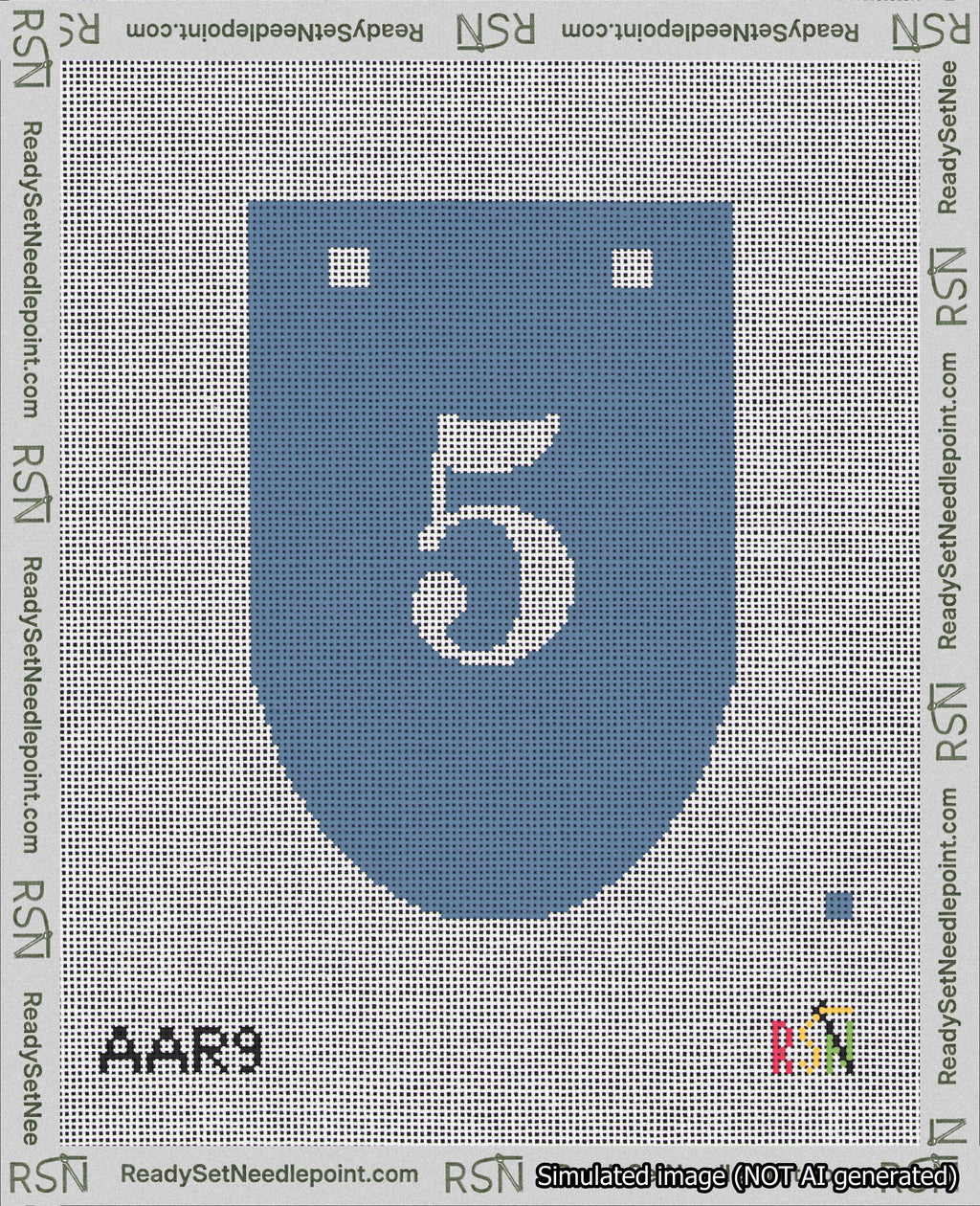 A taped needlepoint canvas with the design: Banner 18 mesh count Rounded 5 White on Blue.