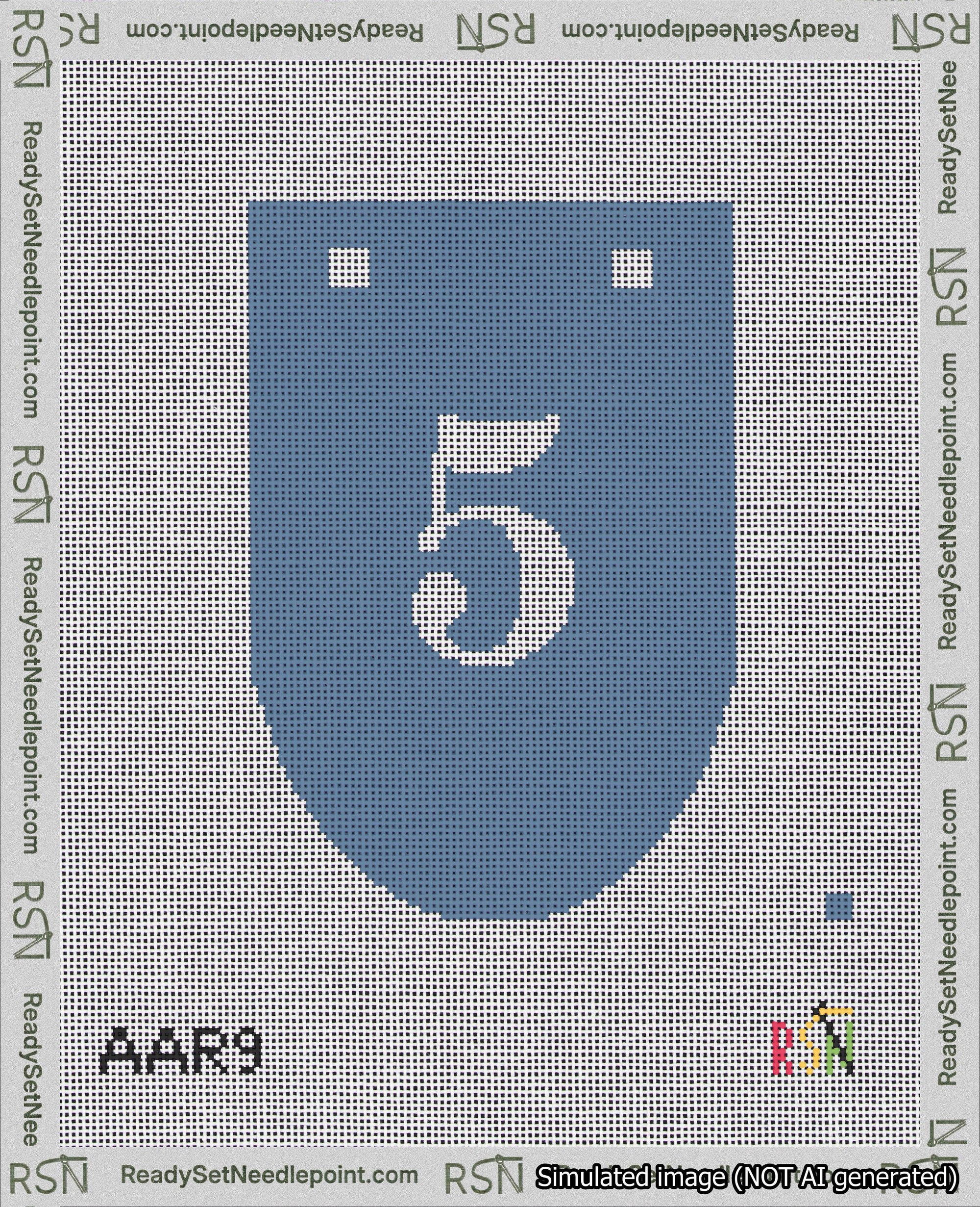A taped needlepoint canvas with the design: Banner 18 mesh count Rounded 5 White on Blue.