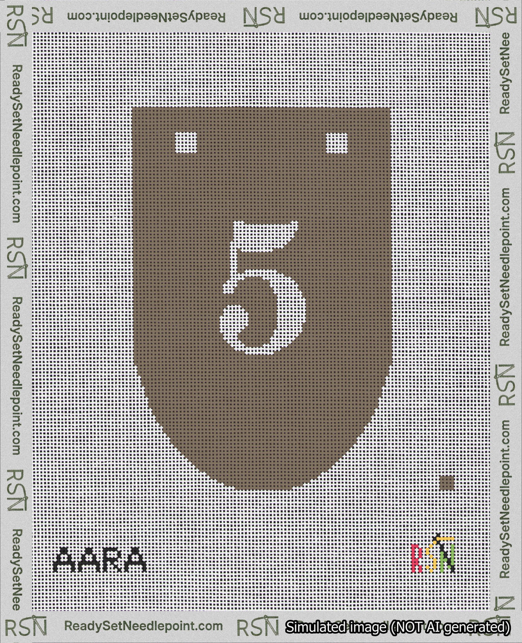 A taped needlepoint canvas with the design: Banner 18 mesh count Rounded 5 White on Brown.