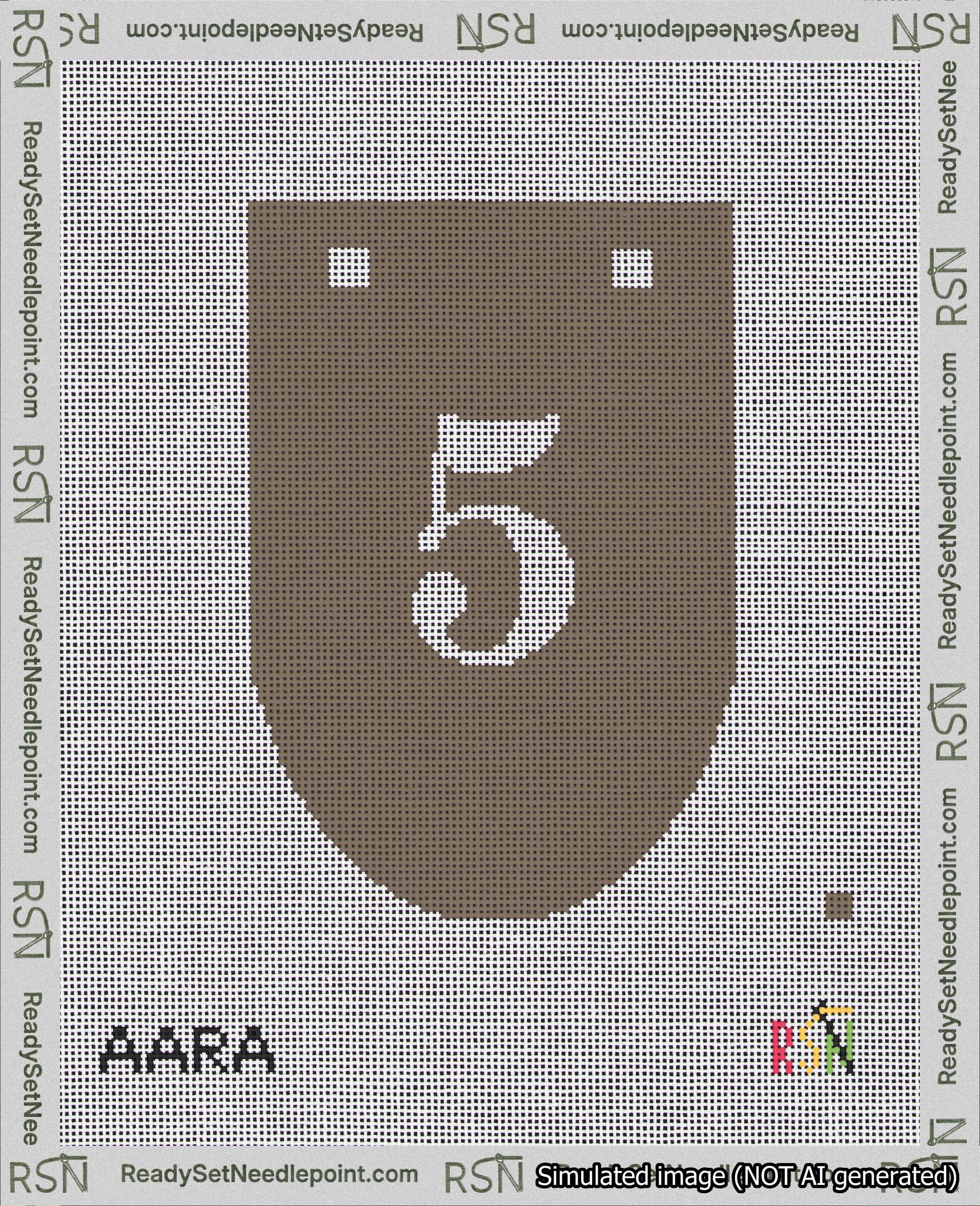 A taped needlepoint canvas with the design: Banner 18 mesh count Rounded 5 White on Brown.
