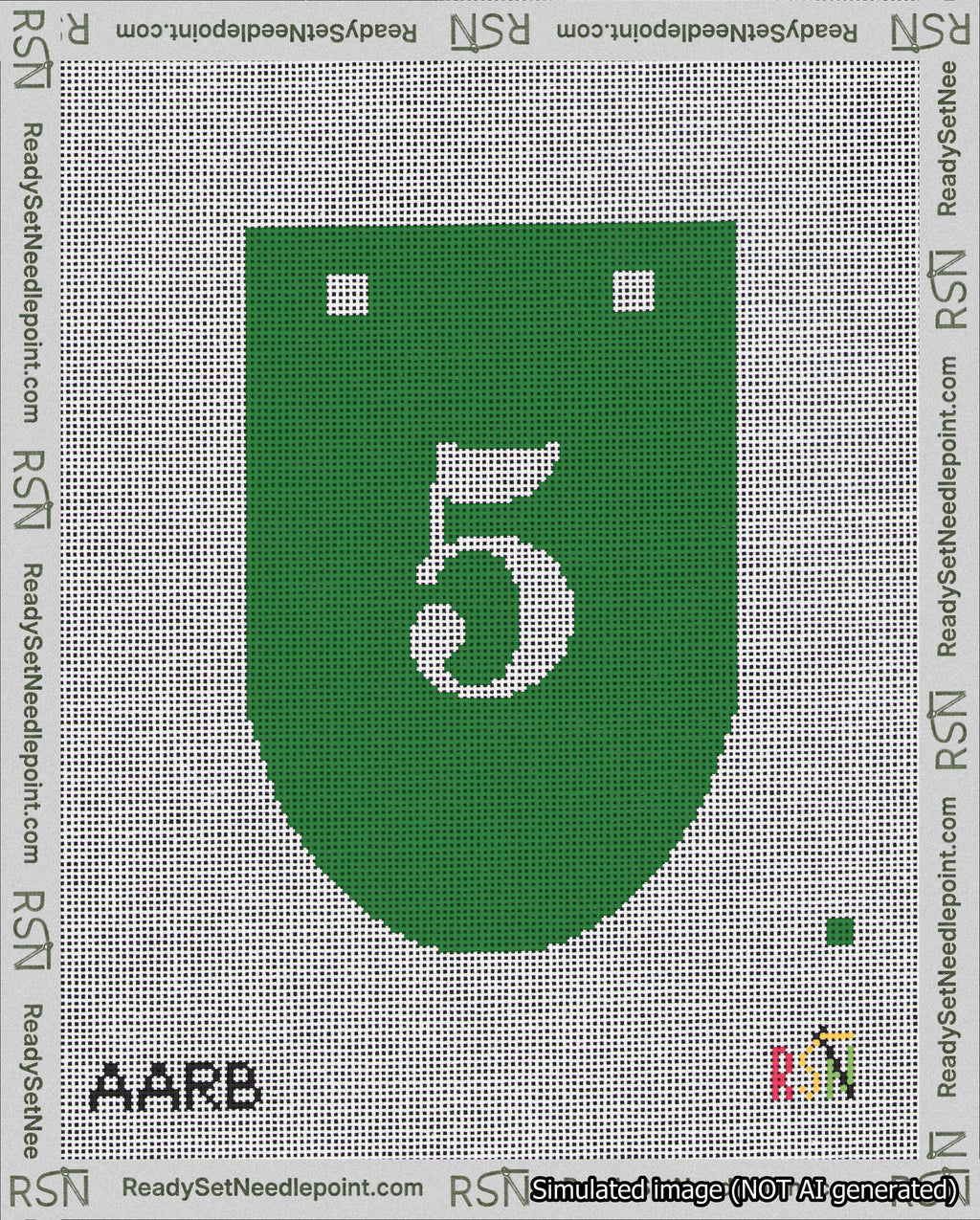 A taped needlepoint canvas with the design: Banner 18 mesh count Rounded 5 White on Green.