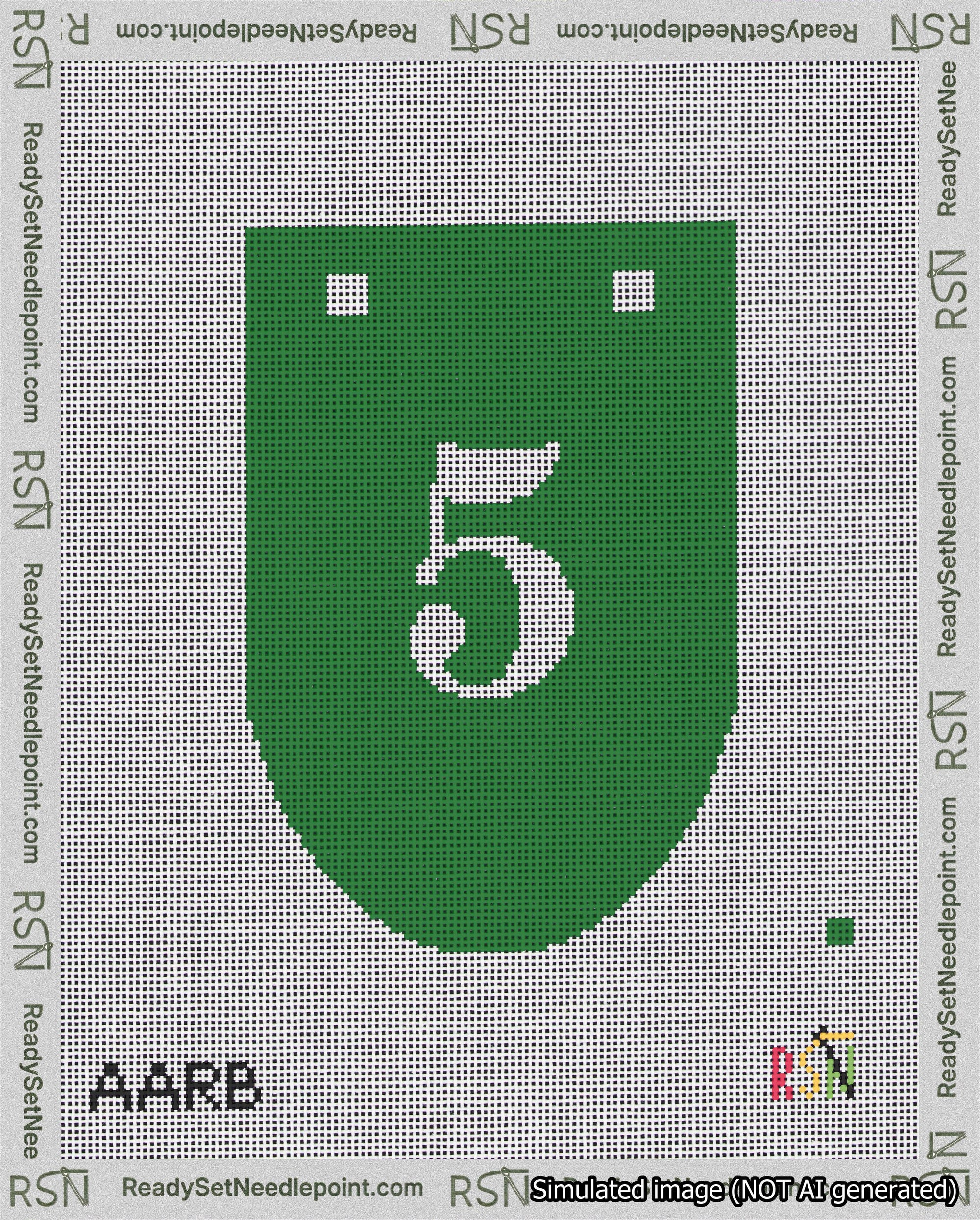 A taped needlepoint canvas with the design: Banner 18 mesh count Rounded 5 White on Green.