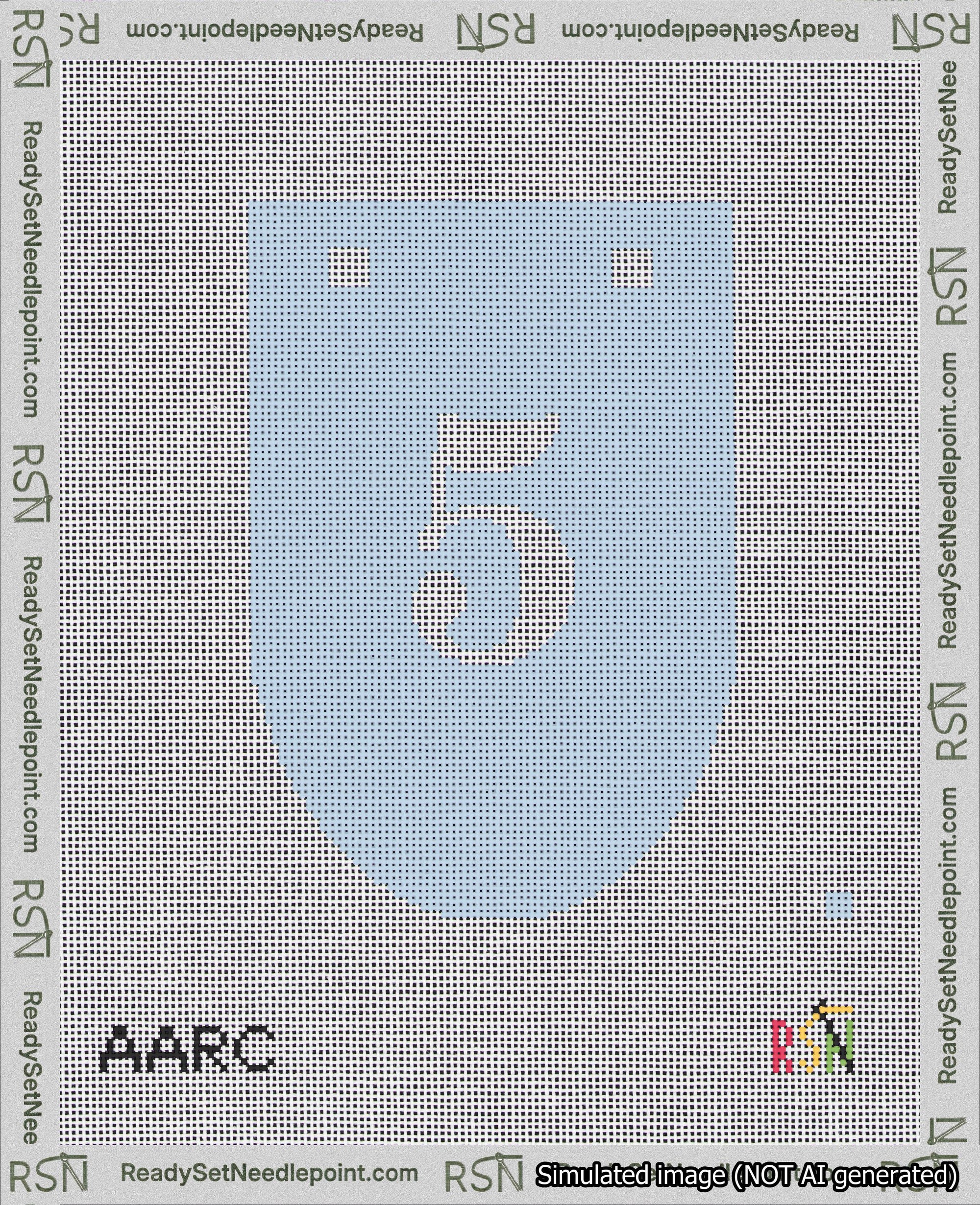 A taped needlepoint canvas with the design: Banner 18 mesh count Rounded 5 White on Light Blue.