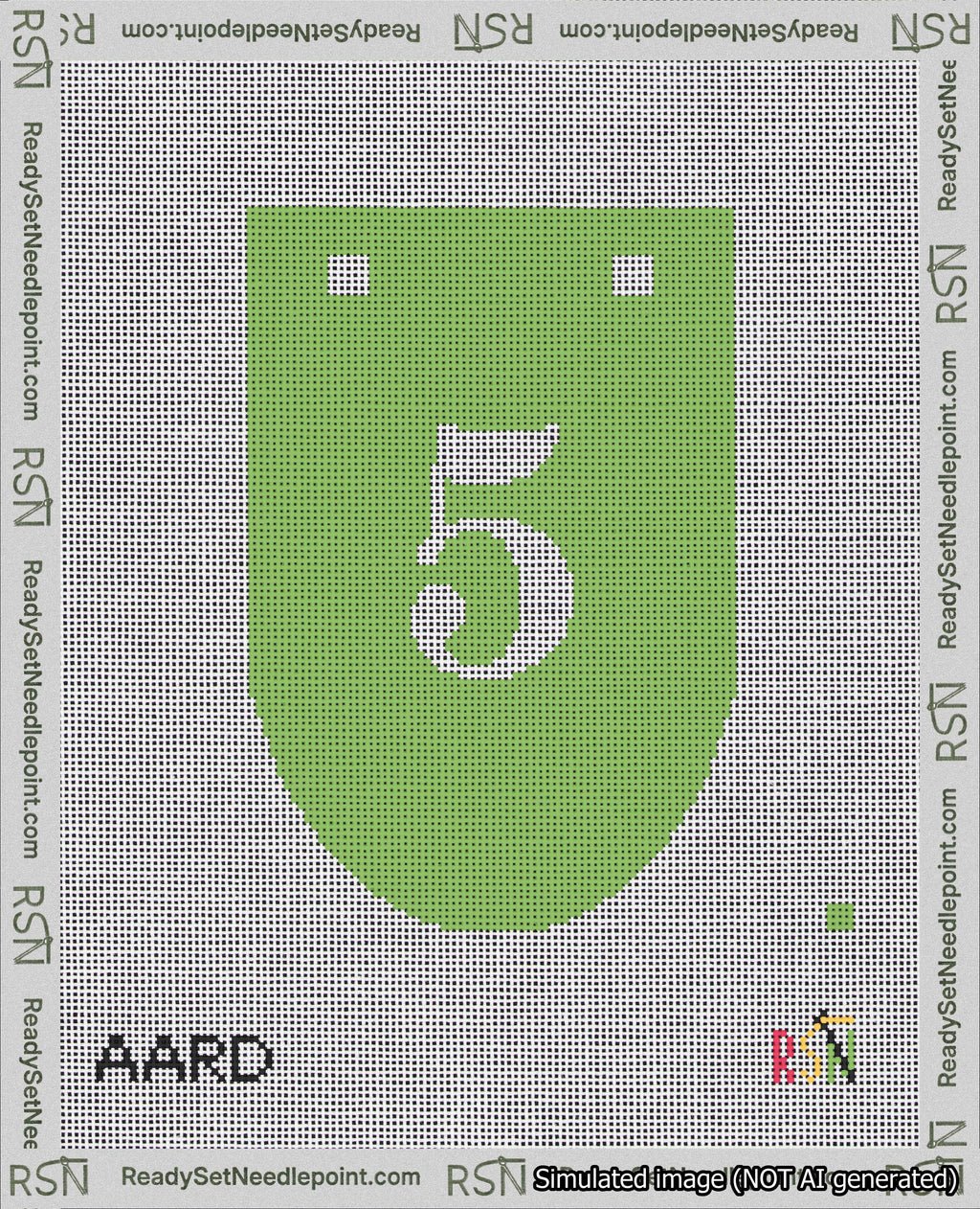 A taped needlepoint canvas with the design: Banner 18 mesh count Rounded 5 White on Light Green.