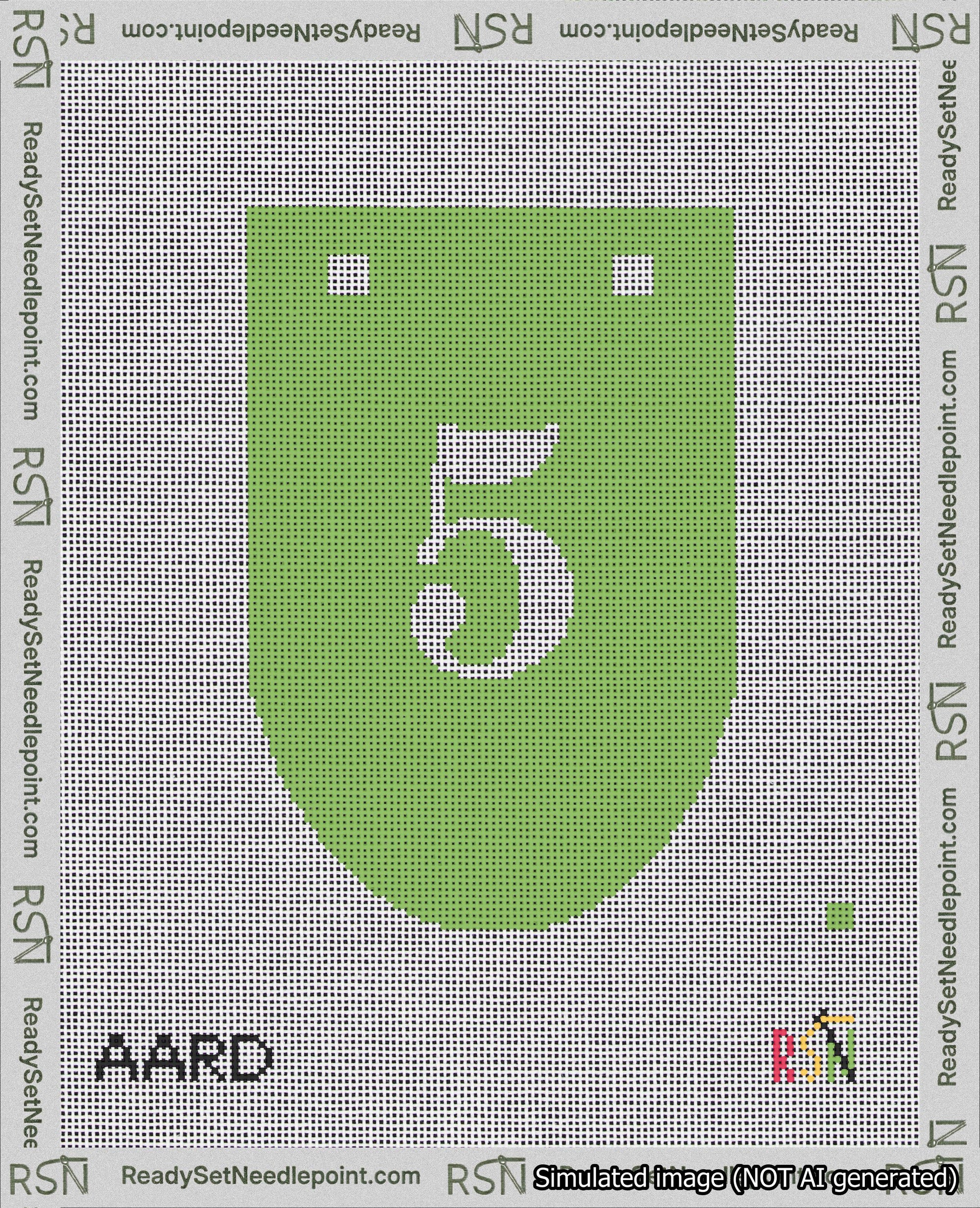 A taped needlepoint canvas with the design: Banner 18 mesh count Rounded 5 White on Light Green.