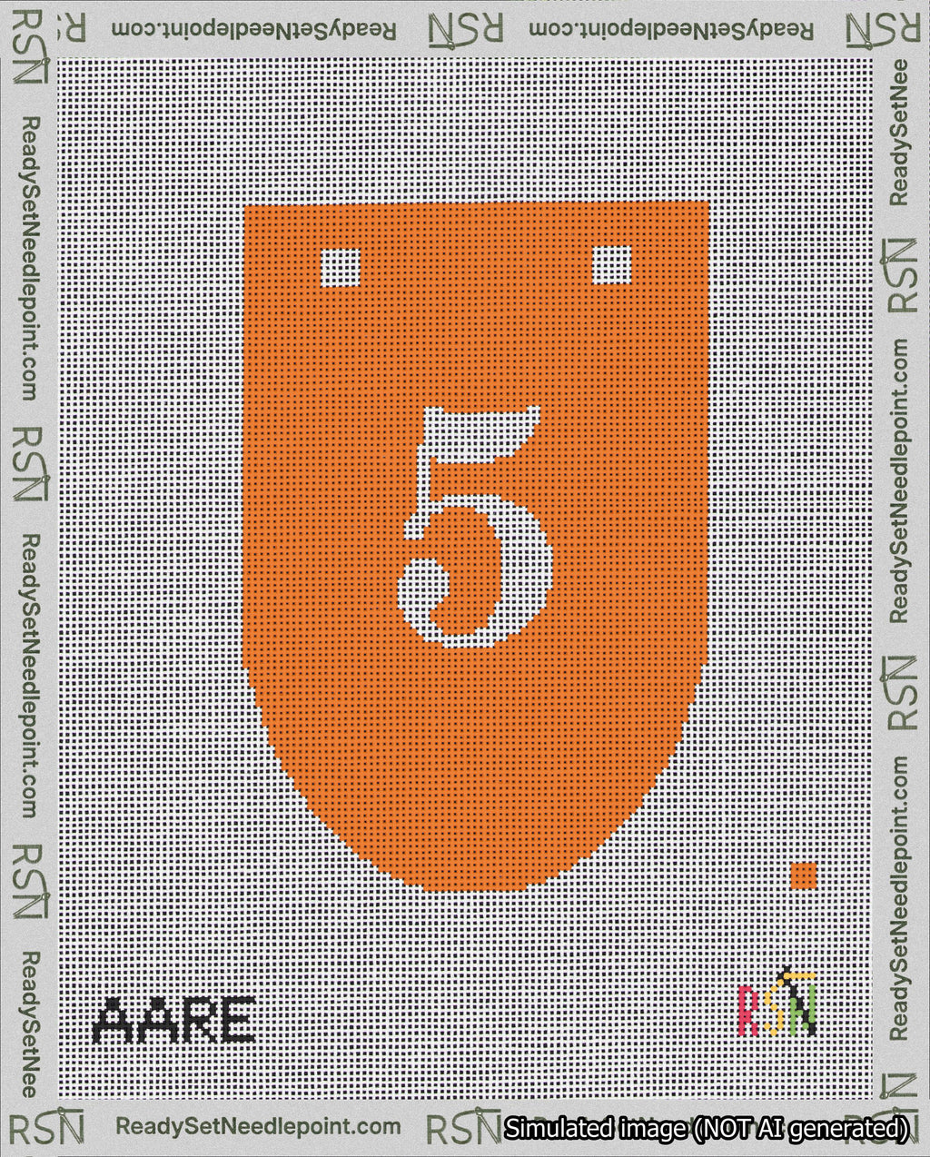 A taped needlepoint canvas with the design: Banner 18 mesh count Rounded 5 White on Orange.