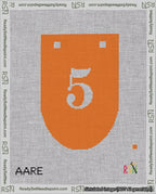 A taped needlepoint canvas with the design: Banner 18 mesh count Rounded 5 White on Orange.