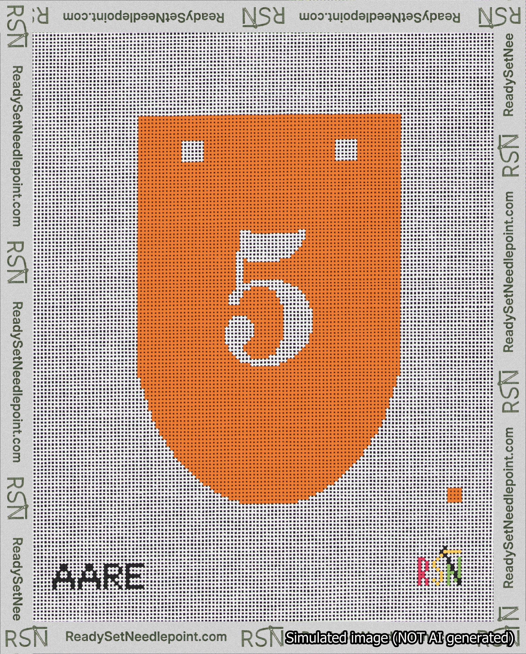 A taped needlepoint canvas with the design: Banner 18 mesh count Rounded 5 White on Orange.