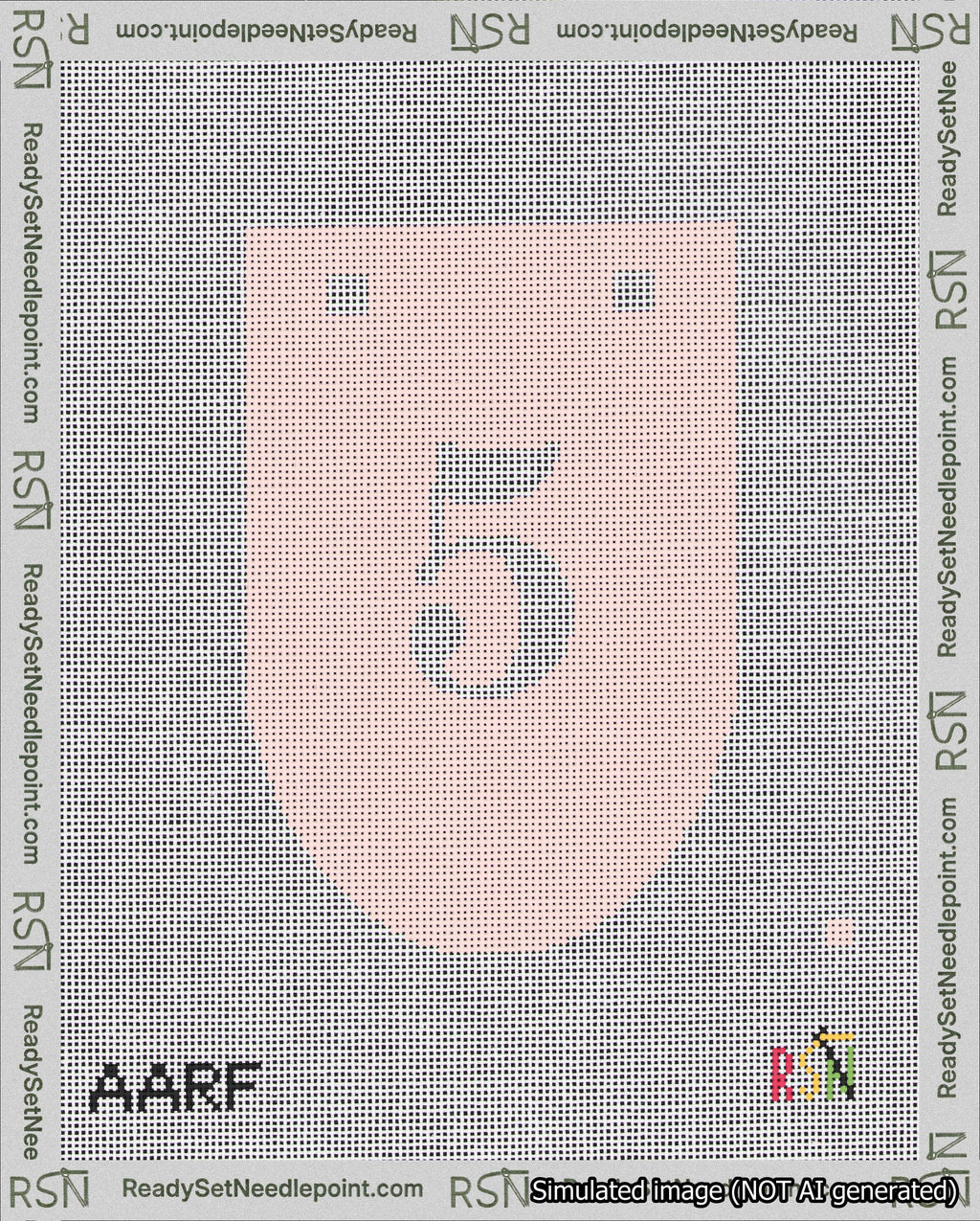 A taped needlepoint canvas with the design: Banner 18 mesh count Rounded 5 White on Pink.
