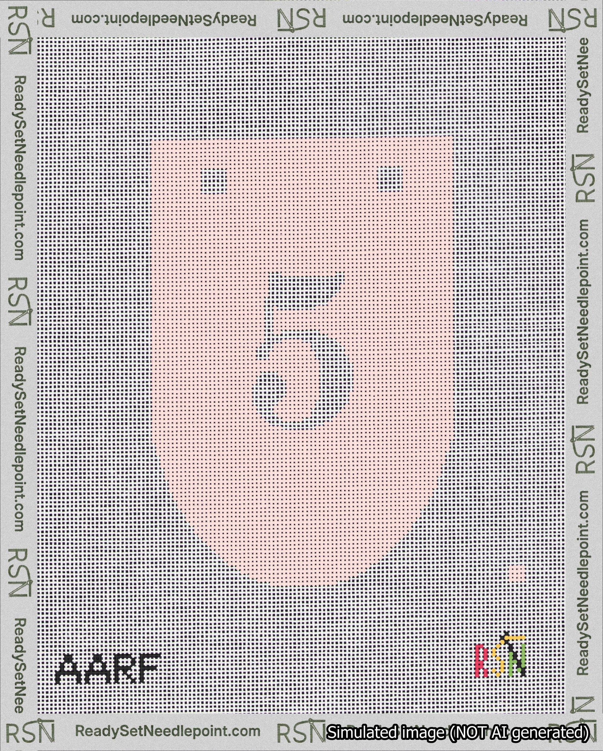 A taped needlepoint canvas with the design: Banner 18 mesh count Rounded 5 White on Pink.