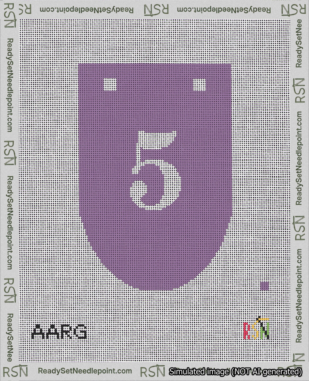 A taped needlepoint canvas with the design: Banner 18 mesh count Rounded 5 White on Purple.