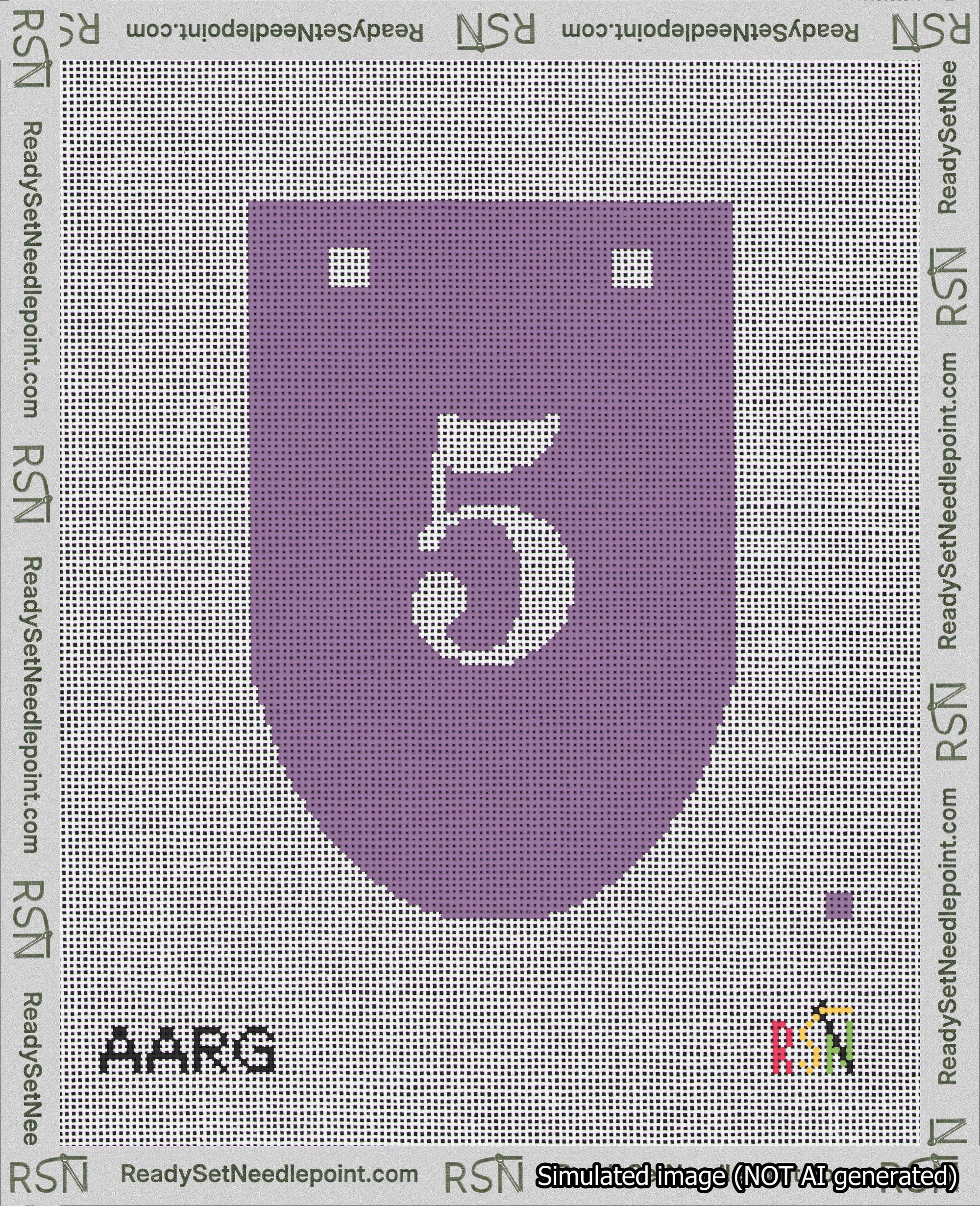 A taped needlepoint canvas with the design: Banner 18 mesh count Rounded 5 White on Purple.