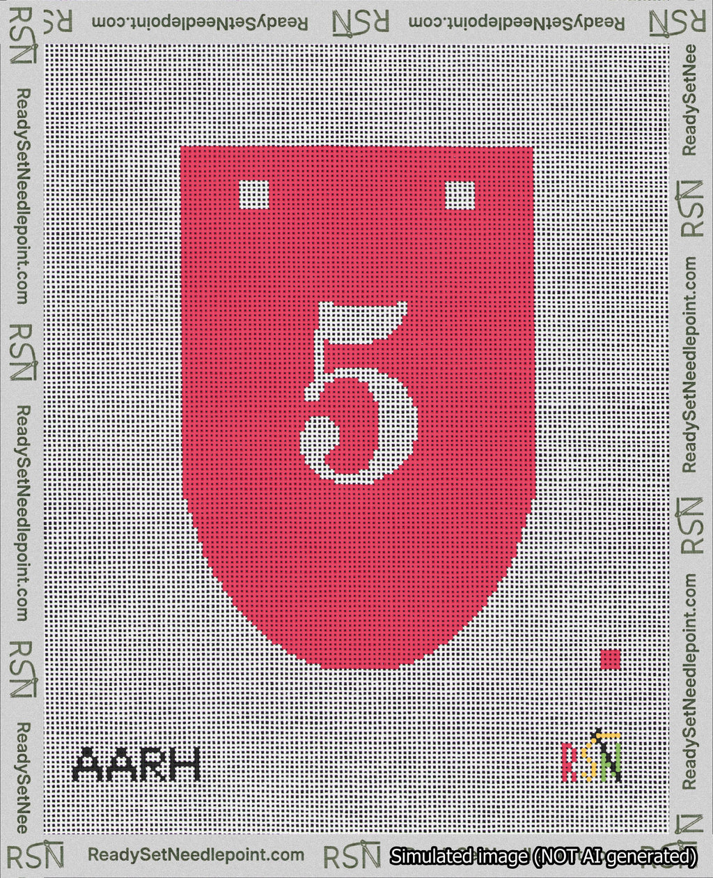 A taped needlepoint canvas with the design: Banner 18 mesh count Rounded 5 White on Red.