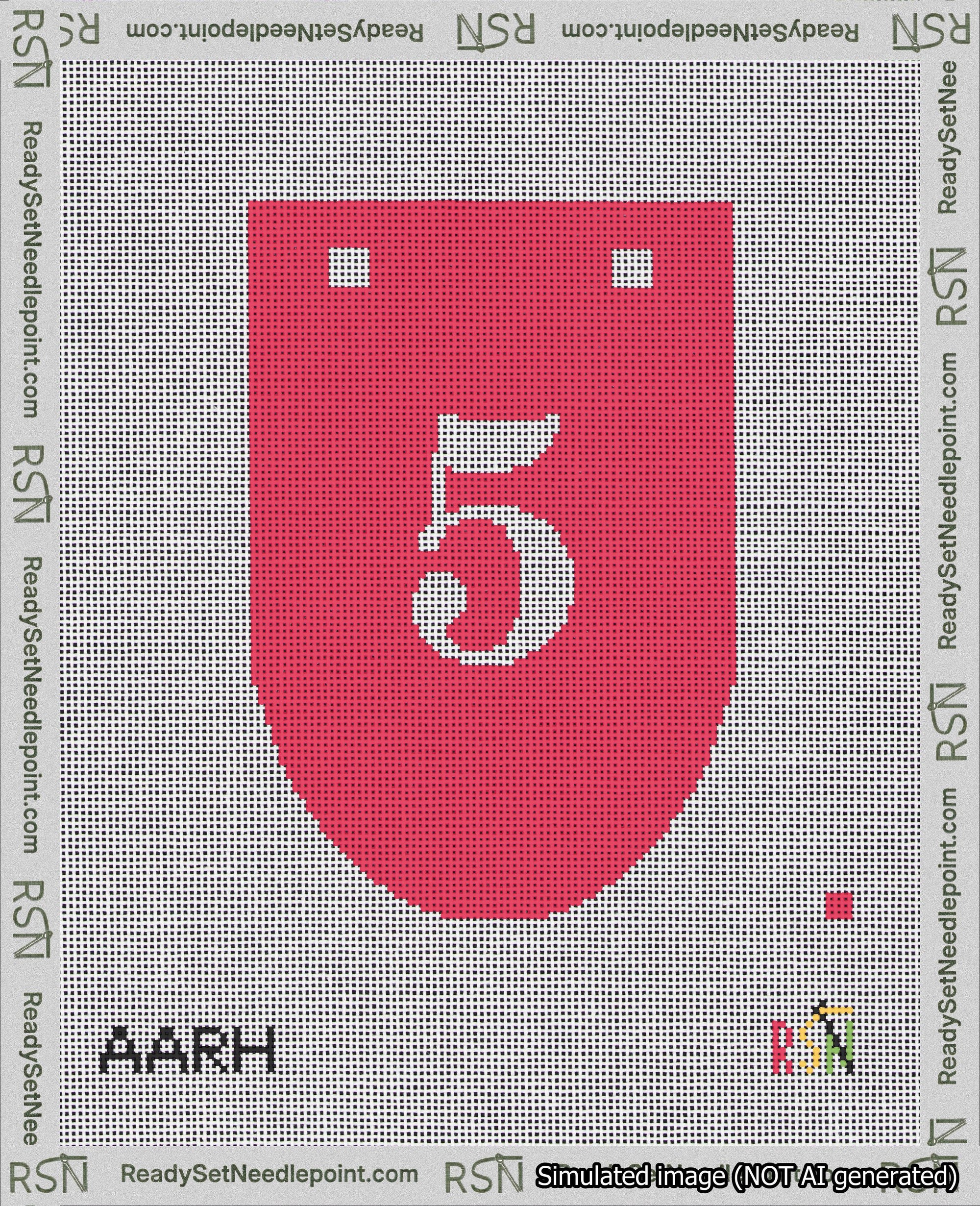 A taped needlepoint canvas with the design: Banner 18 mesh count Rounded 5 White on Red.