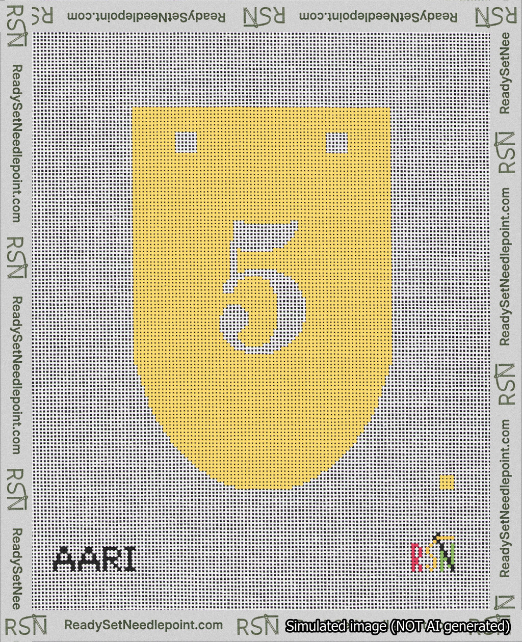 A taped needlepoint canvas with the design: Banner 18 mesh count Rounded 5 White on Yellow.