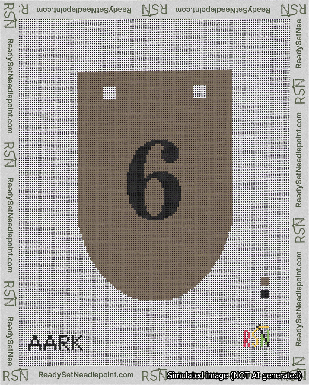 A taped needlepoint canvas with the design: Banner 18 mesh count Rounded 6 Black on Brown.
