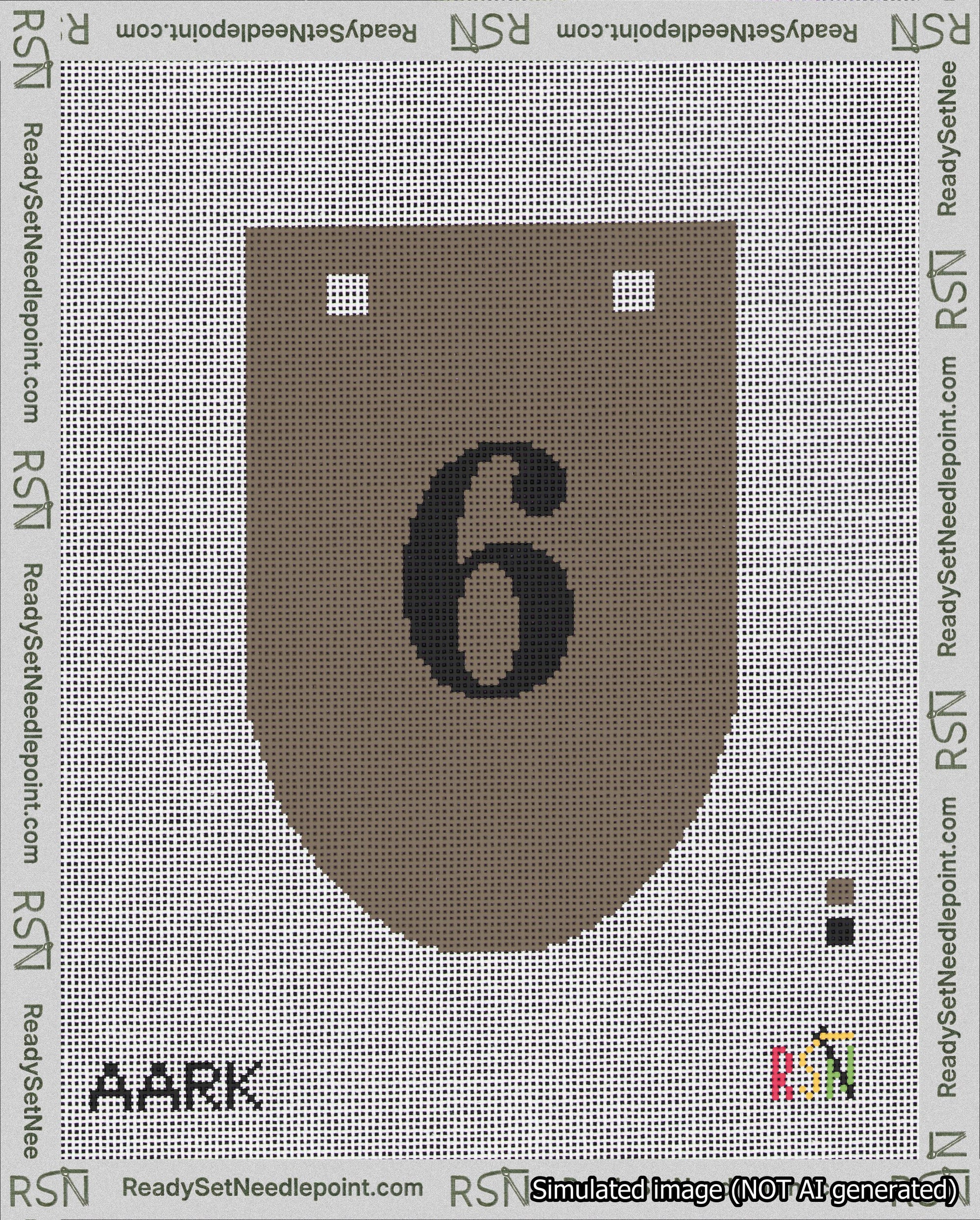 A taped needlepoint canvas with the design: Banner 18 mesh count Rounded 6 Black on Brown.