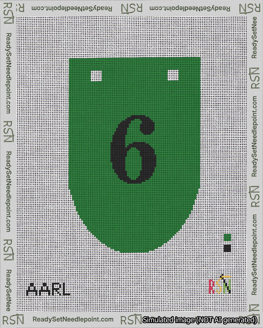 A taped needlepoint canvas with the design: Banner 18 mesh count Rounded 6 Black on Green.