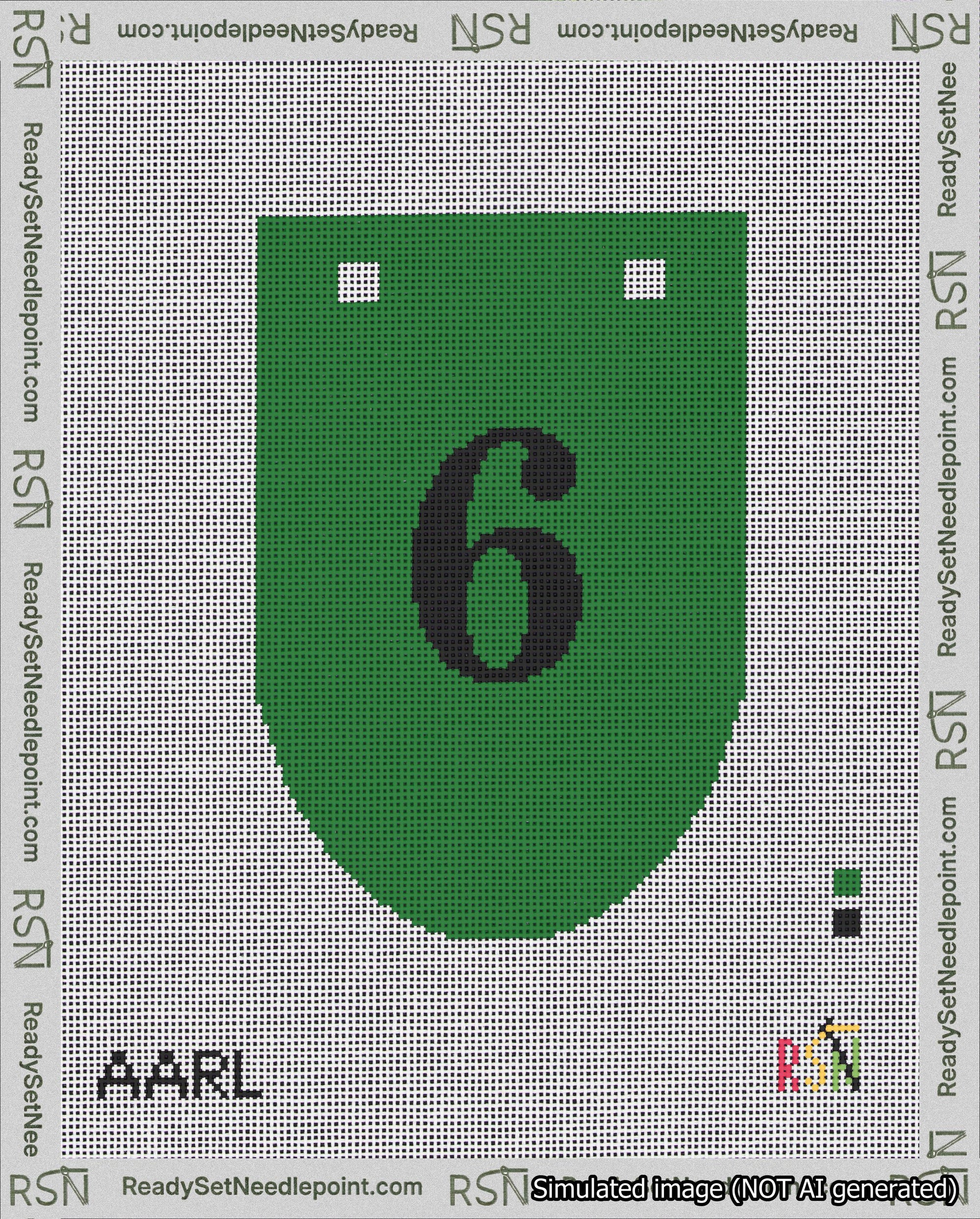 A taped needlepoint canvas with the design: Banner 18 mesh count Rounded 6 Black on Green.