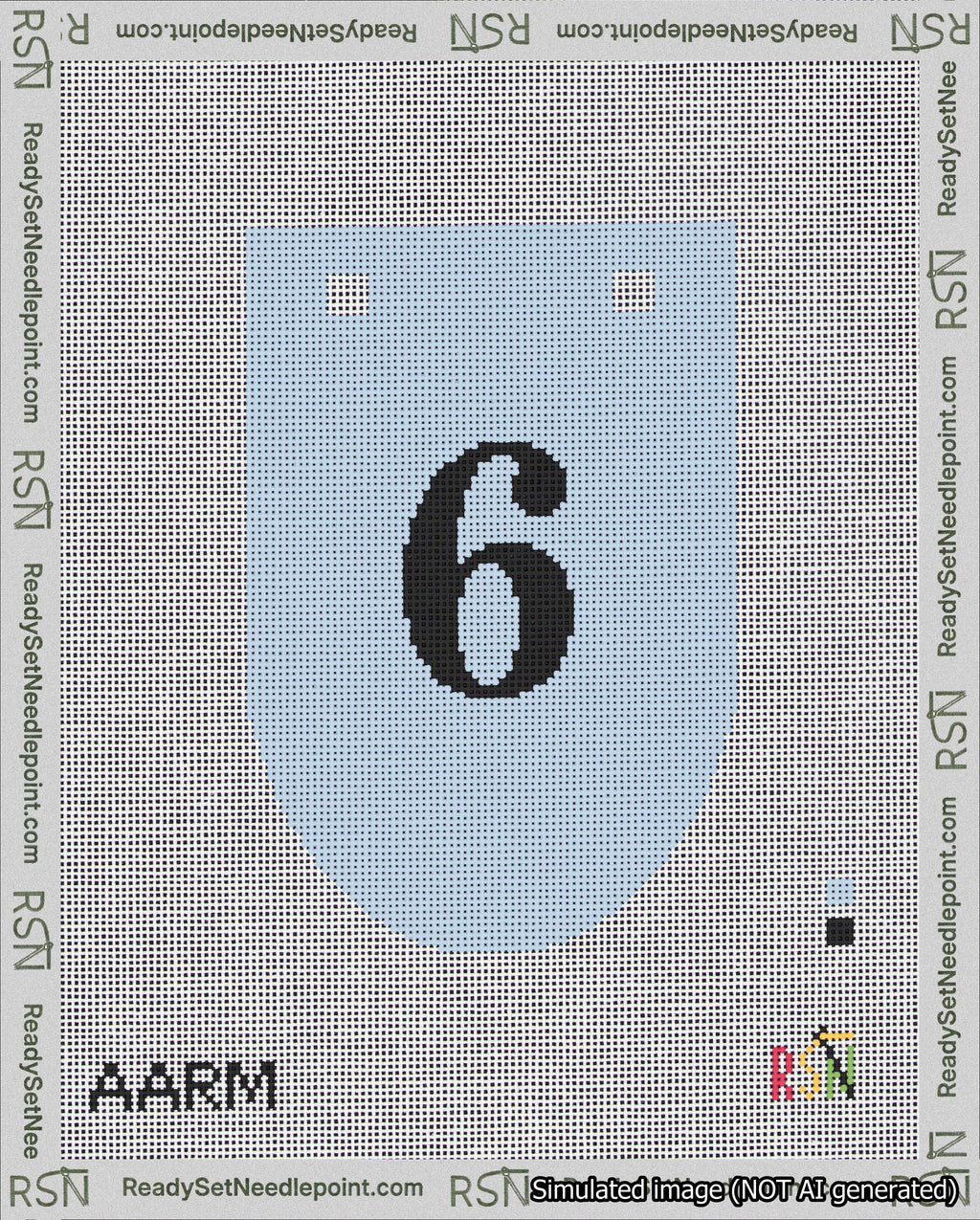 A taped needlepoint canvas with the design: Banner 18 mesh count Rounded 6 Black on Light Blue.