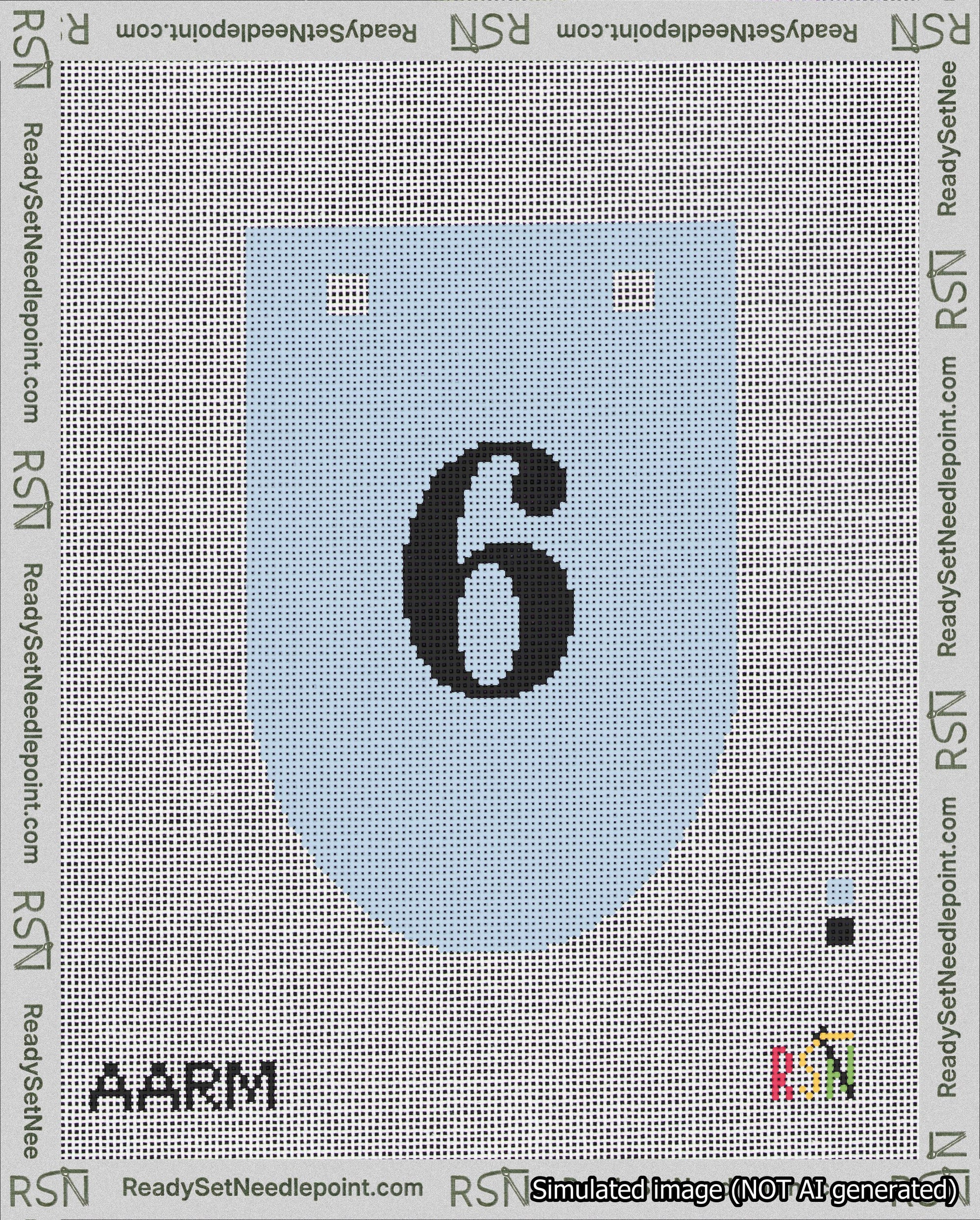 A taped needlepoint canvas with the design: Banner 18 mesh count Rounded 6 Black on Light Blue.