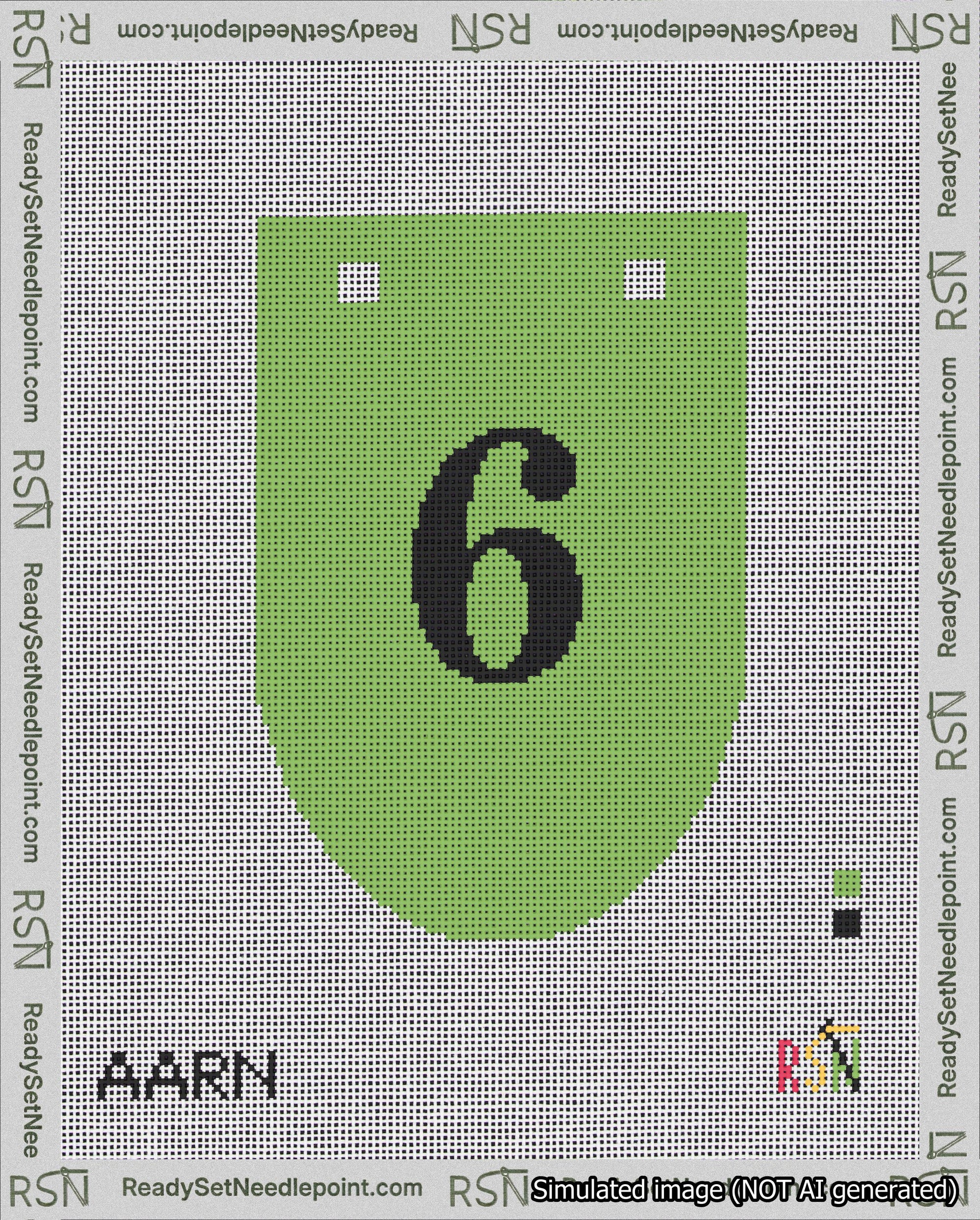 A taped needlepoint canvas with the design: Banner 18 mesh count Rounded 6 Black on Light Green.