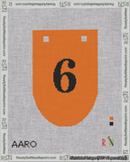 A taped needlepoint canvas with the design: Banner 18 mesh count Rounded 6 Black on Orange.
