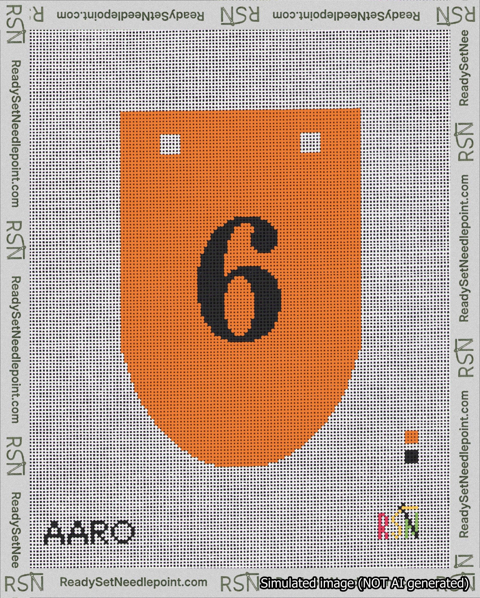 A taped needlepoint canvas with the design: Banner 18 mesh count Rounded 6 Black on Orange.