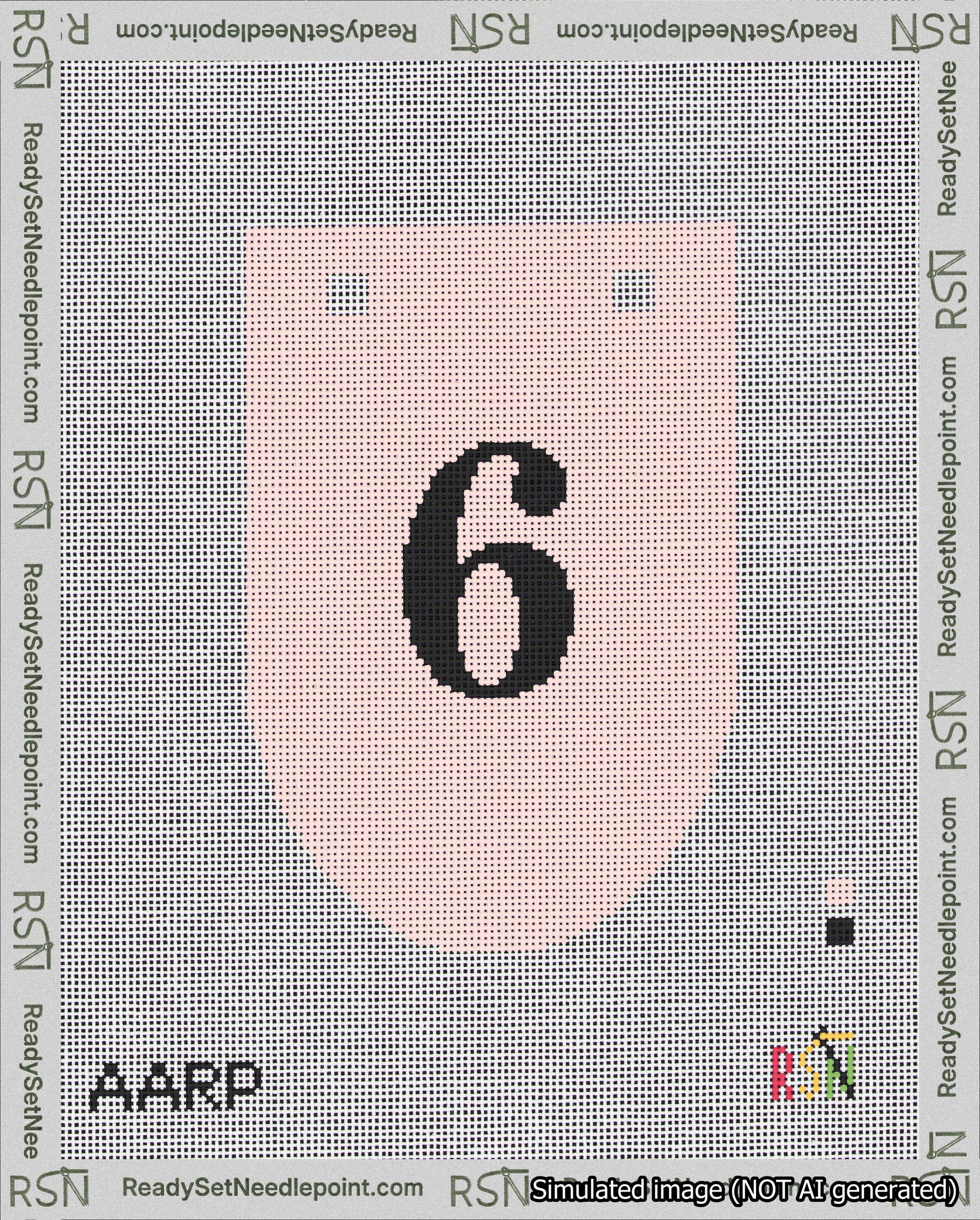 A taped needlepoint canvas with the design: Banner 18 mesh count Rounded 6 Black on Pink.