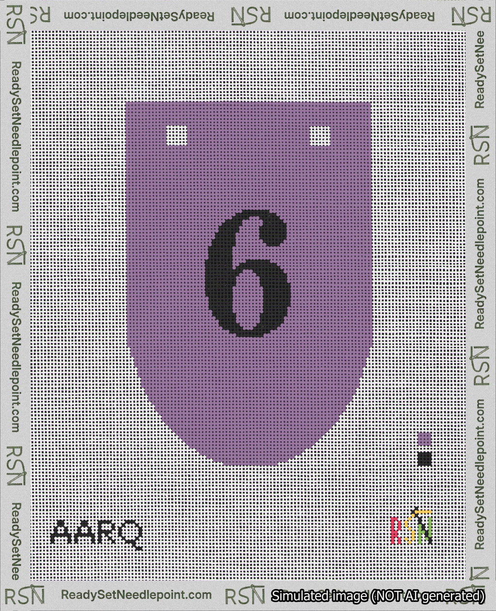 A taped needlepoint canvas with the design: Banner 18 mesh count Rounded 6 Black on Purple.