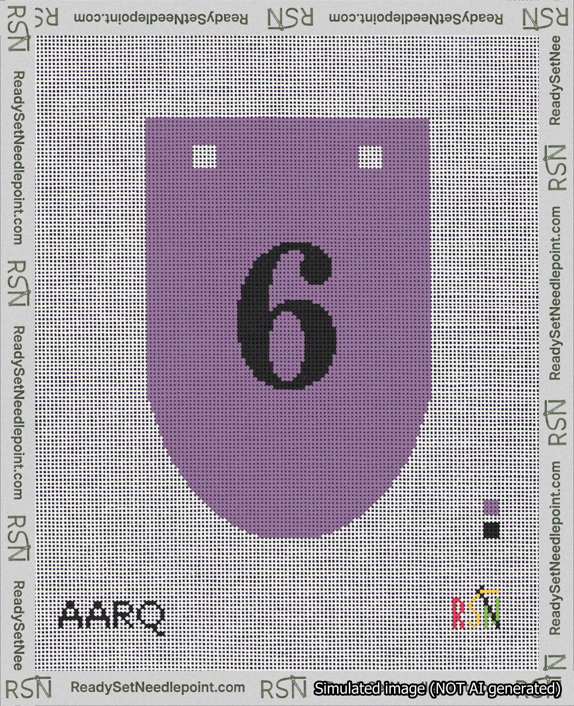 A taped needlepoint canvas with the design: Banner 18 mesh count Rounded 6 Black on Purple.