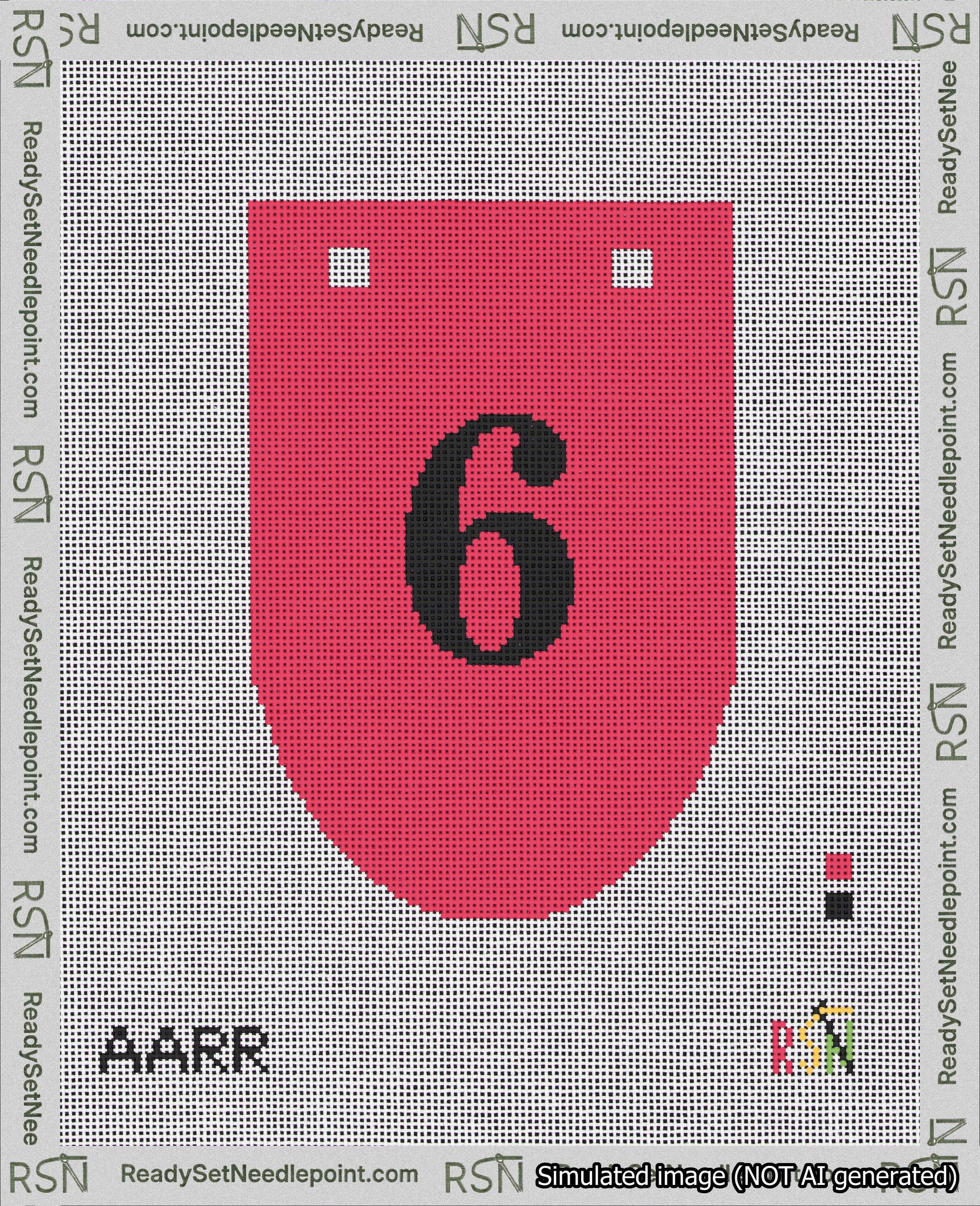 A taped needlepoint canvas with the design: Banner 18 mesh count Rounded 6 Black on Red.