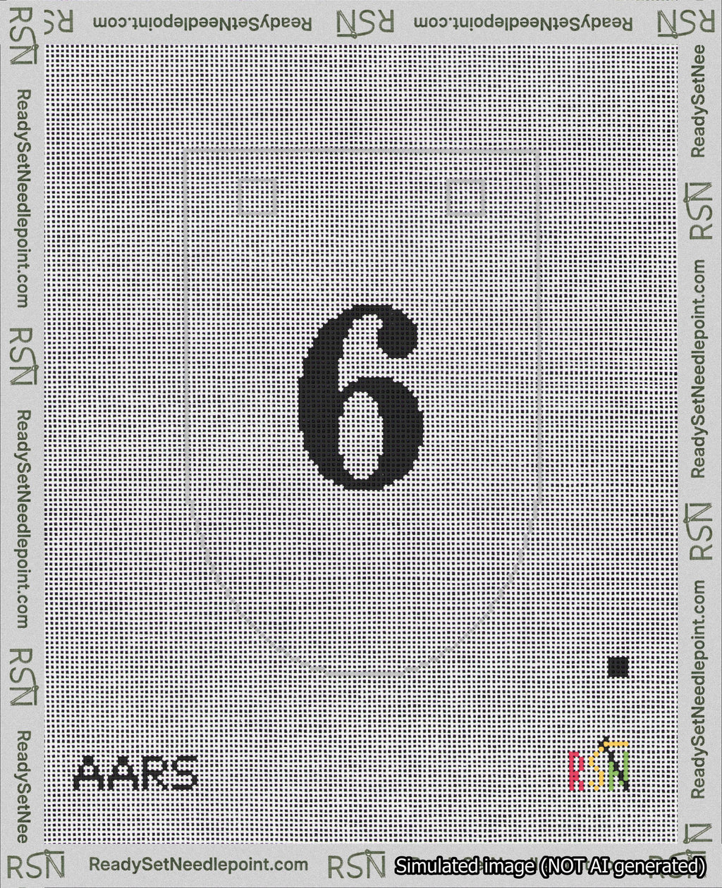 A taped needlepoint canvas with the design: Banner 18 mesh count Rounded 6 Black on White.
