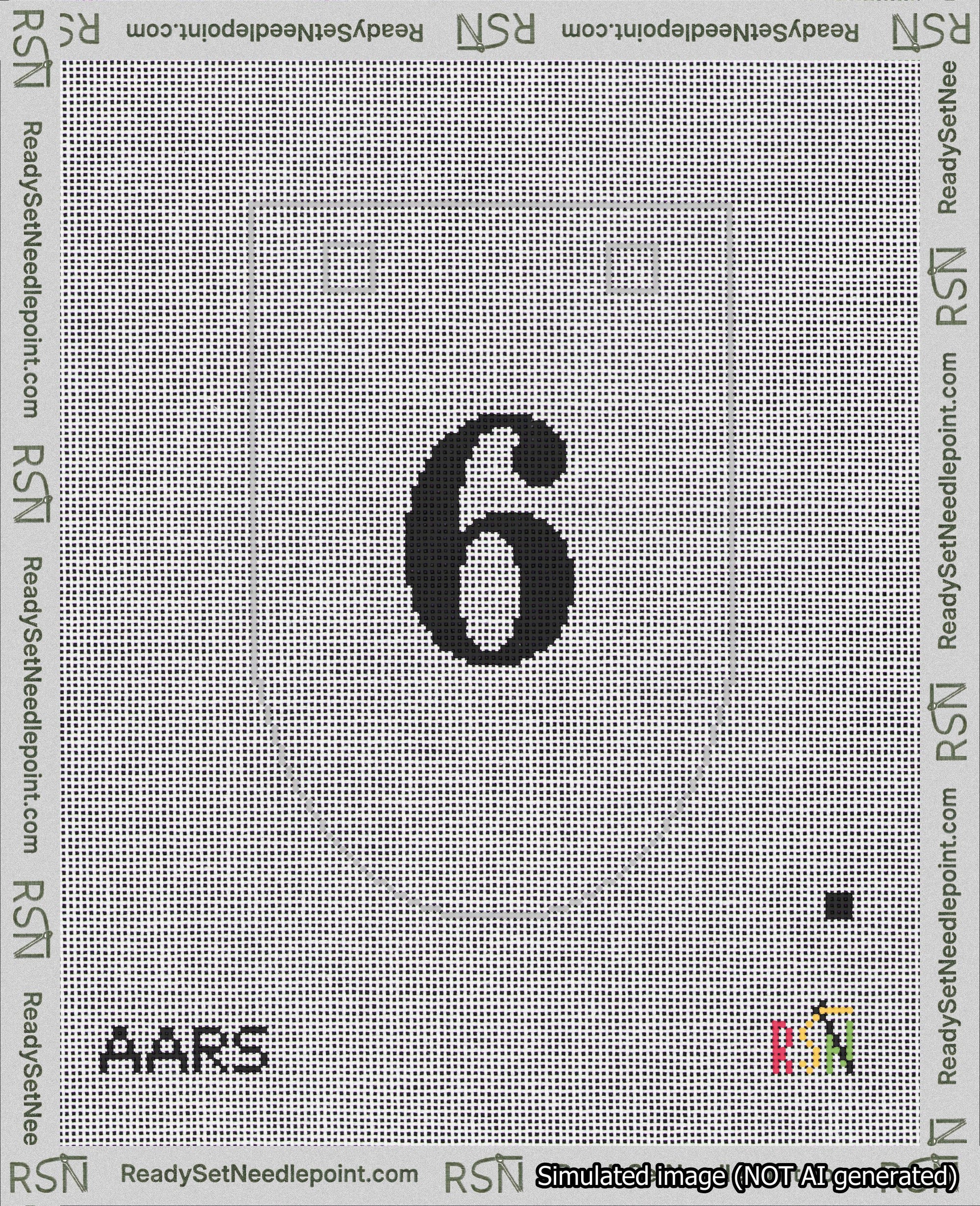 A taped needlepoint canvas with the design: Banner 18 mesh count Rounded 6 Black on White.