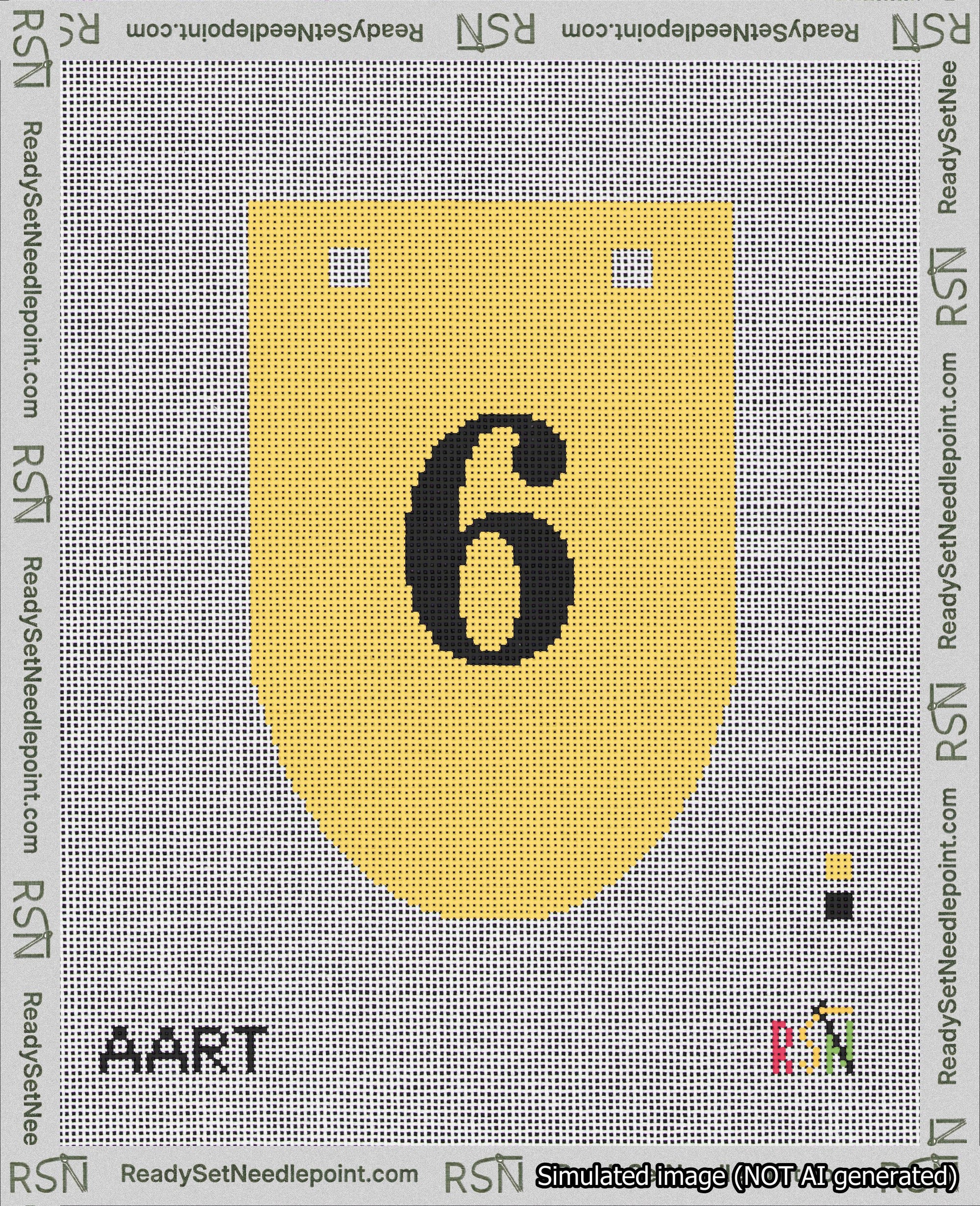A taped needlepoint canvas with the design: Banner 18 mesh count Rounded 6 Black on Yellow.