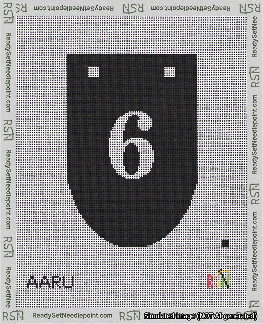 A taped needlepoint canvas with the design: Banner 18 mesh count Rounded 6 White on Black.