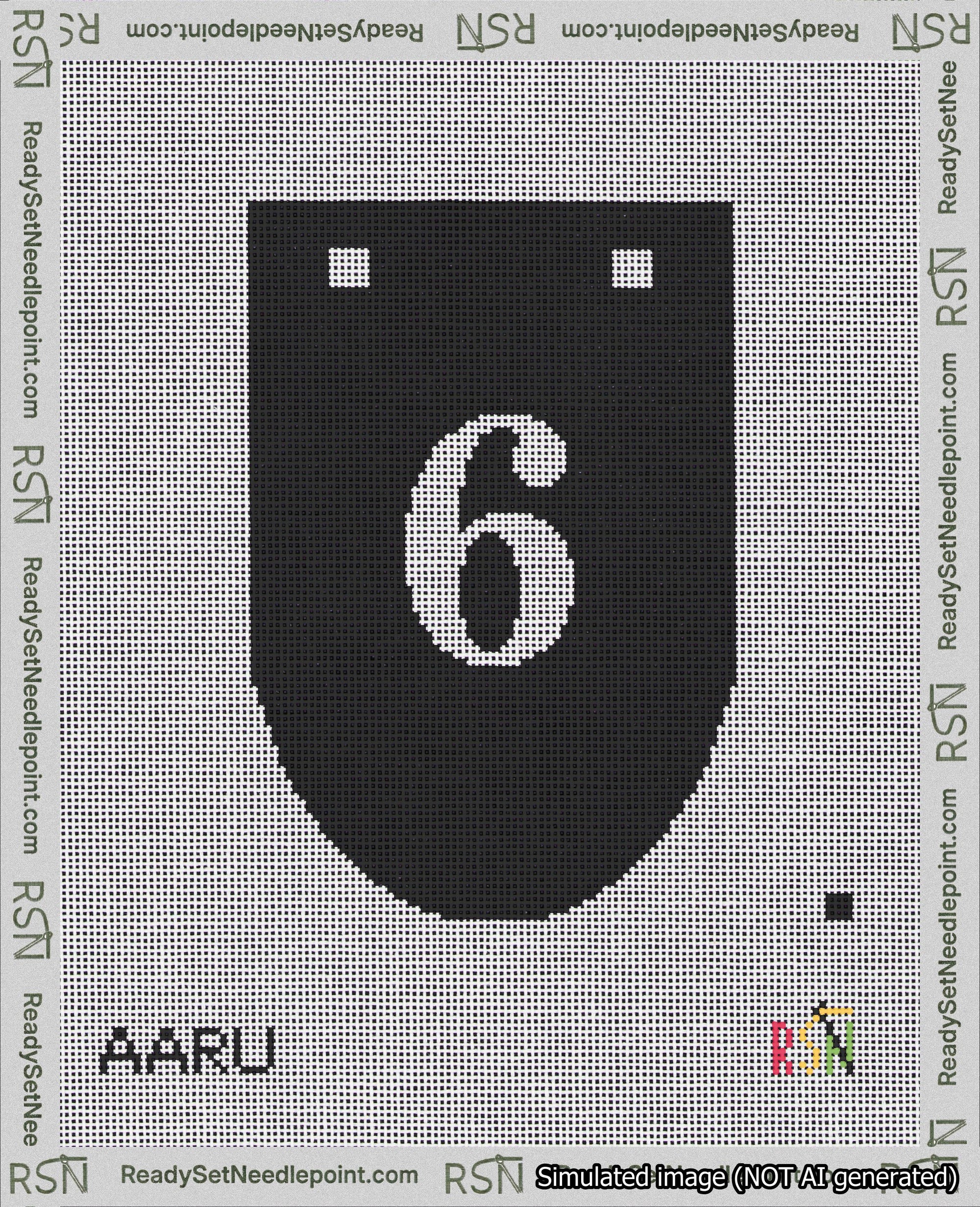 A taped needlepoint canvas with the design: Banner 18 mesh count Rounded 6 White on Black.