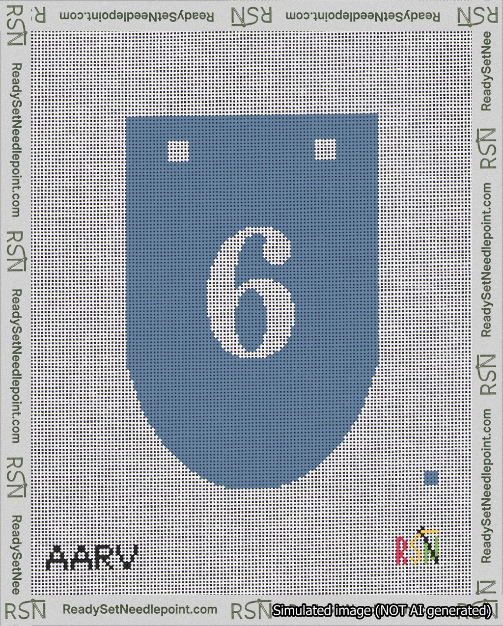 A taped needlepoint canvas with the design: Banner 18 mesh count Rounded 6 White on Blue.