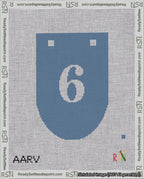 A taped needlepoint canvas with the design: Banner 18 mesh count Rounded 6 White on Blue.