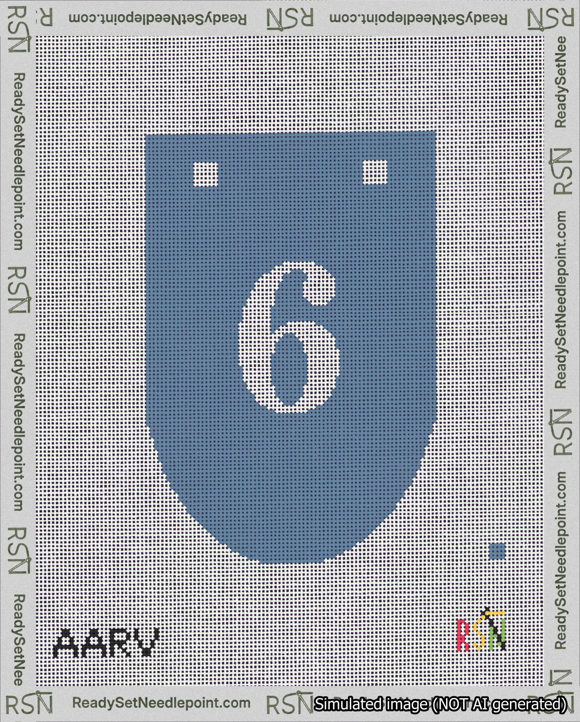 A taped needlepoint canvas with the design: Banner 18 mesh count Rounded 6 White on Blue.