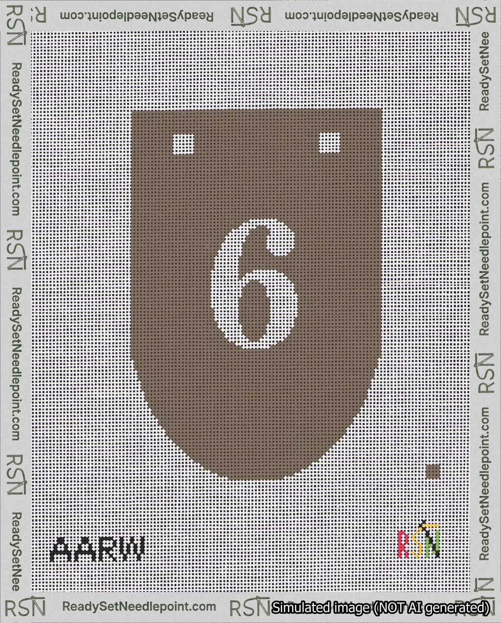 A taped needlepoint canvas with the design: Banner 18 mesh count Rounded 6 White on Brown.