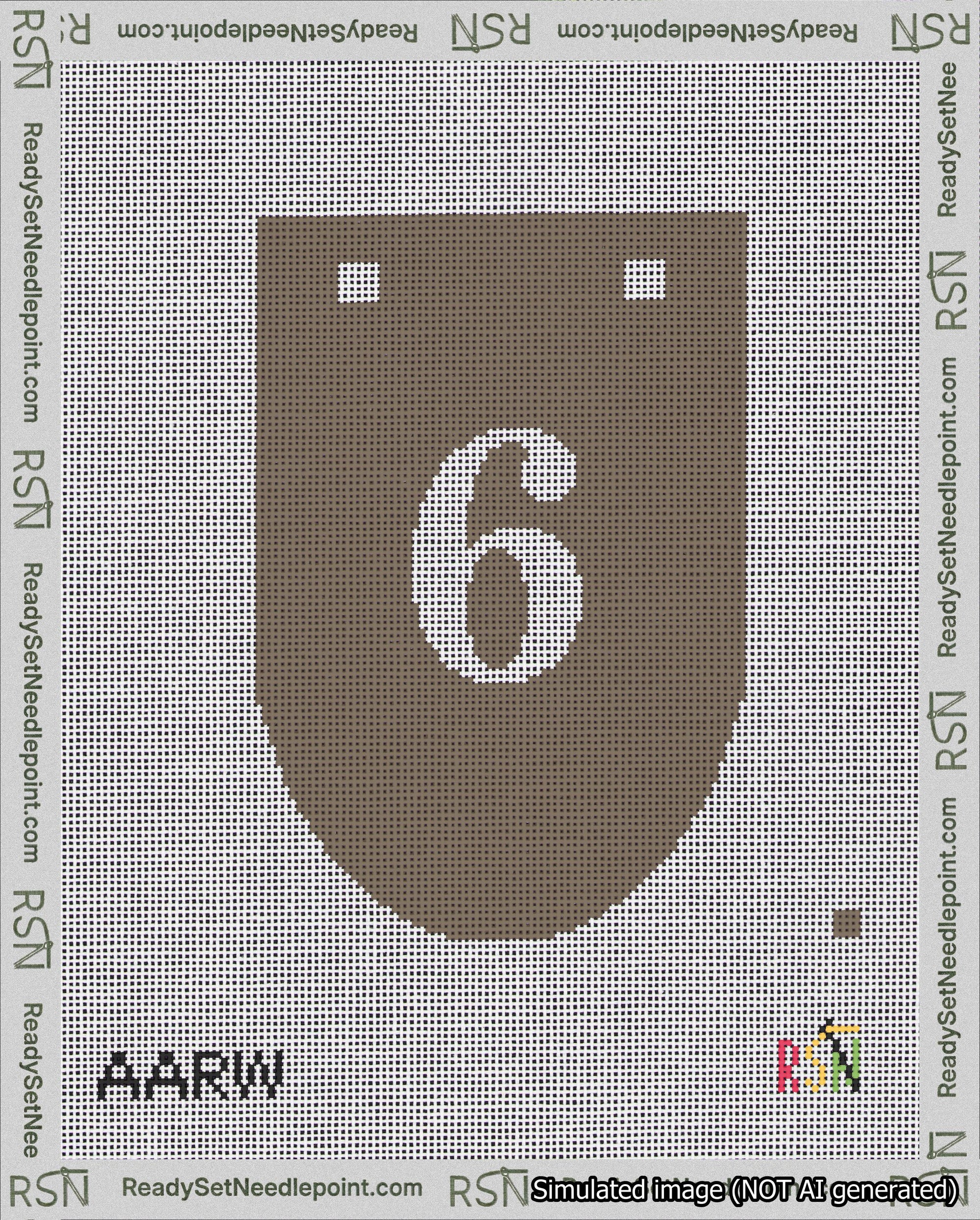 A taped needlepoint canvas with the design: Banner 18 mesh count Rounded 6 White on Brown.