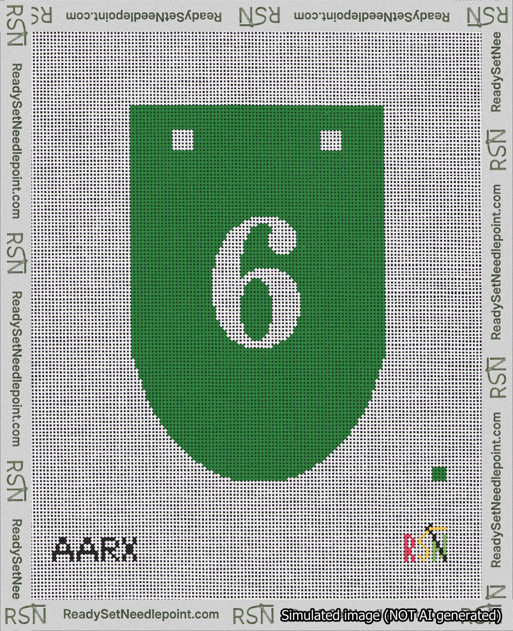 A taped needlepoint canvas with the design: Banner 18 mesh count Rounded 6 White on Green.