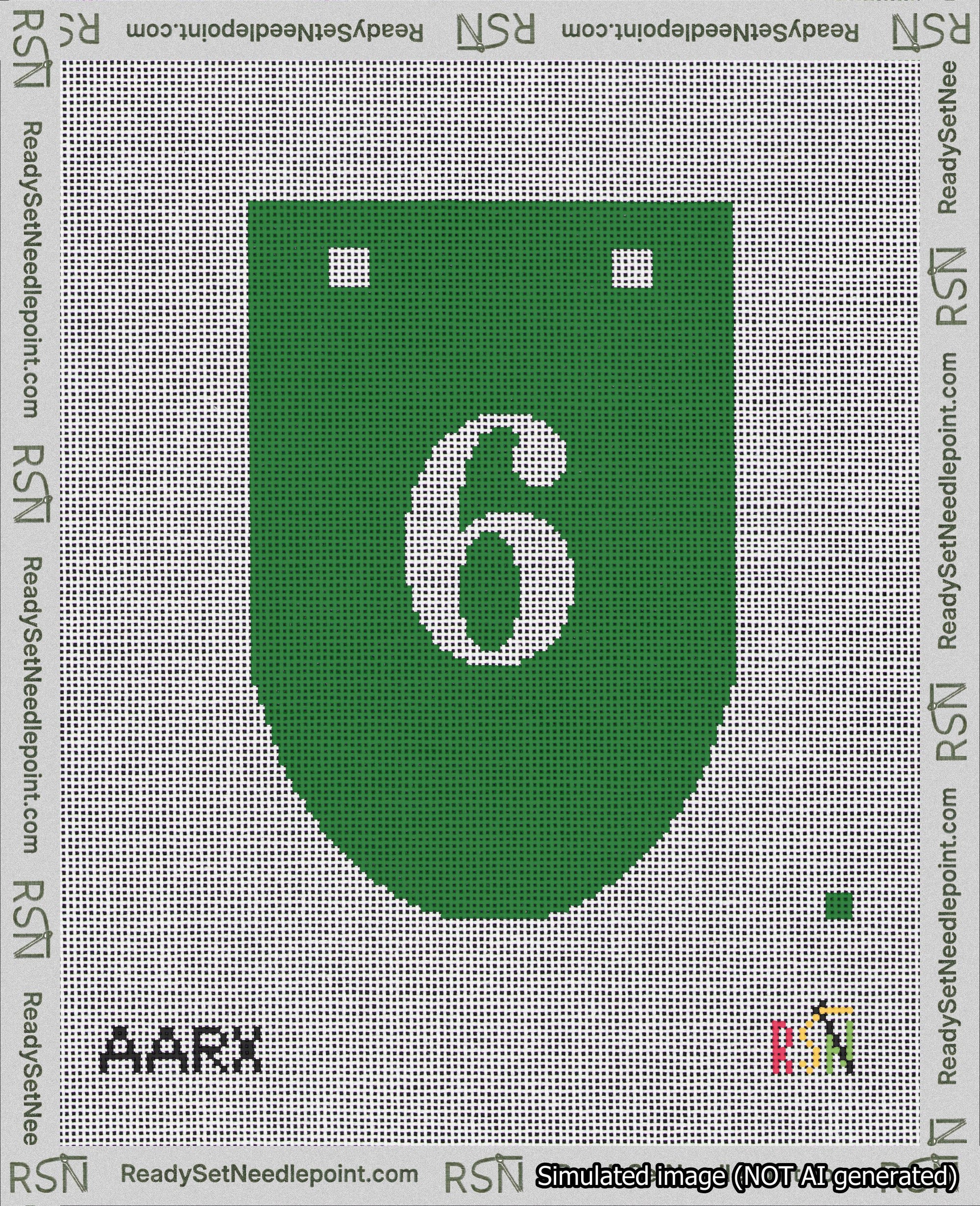 A taped needlepoint canvas with the design: Banner 18 mesh count Rounded 6 White on Green.