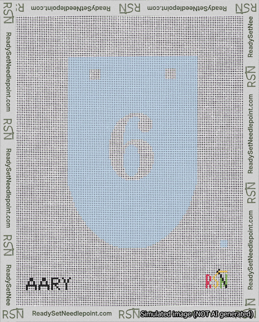 A taped needlepoint canvas with the design: Banner 18 mesh count Rounded 6 White on Light Blue.