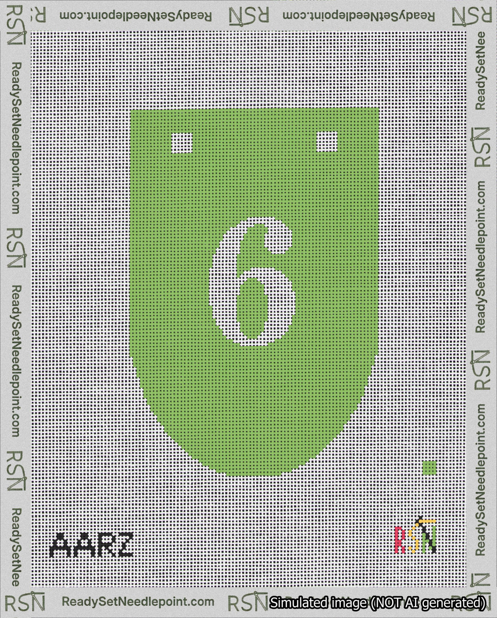 A taped needlepoint canvas with the design: Banner 18 mesh count Rounded 6 White on Light Green.