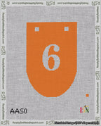 A taped needlepoint canvas with the design: Banner 18 mesh count Rounded 6 White on Orange.