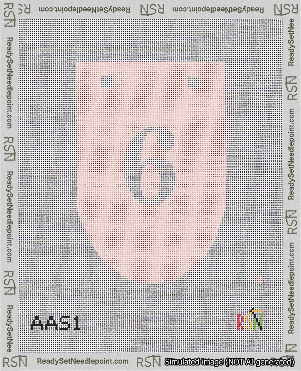 A taped needlepoint canvas with the design: Banner 18 mesh count Rounded 6 White on Pink.