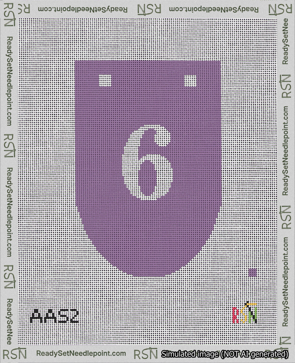 A taped needlepoint canvas with the design: Banner 18 mesh count Rounded 6 White on Purple.